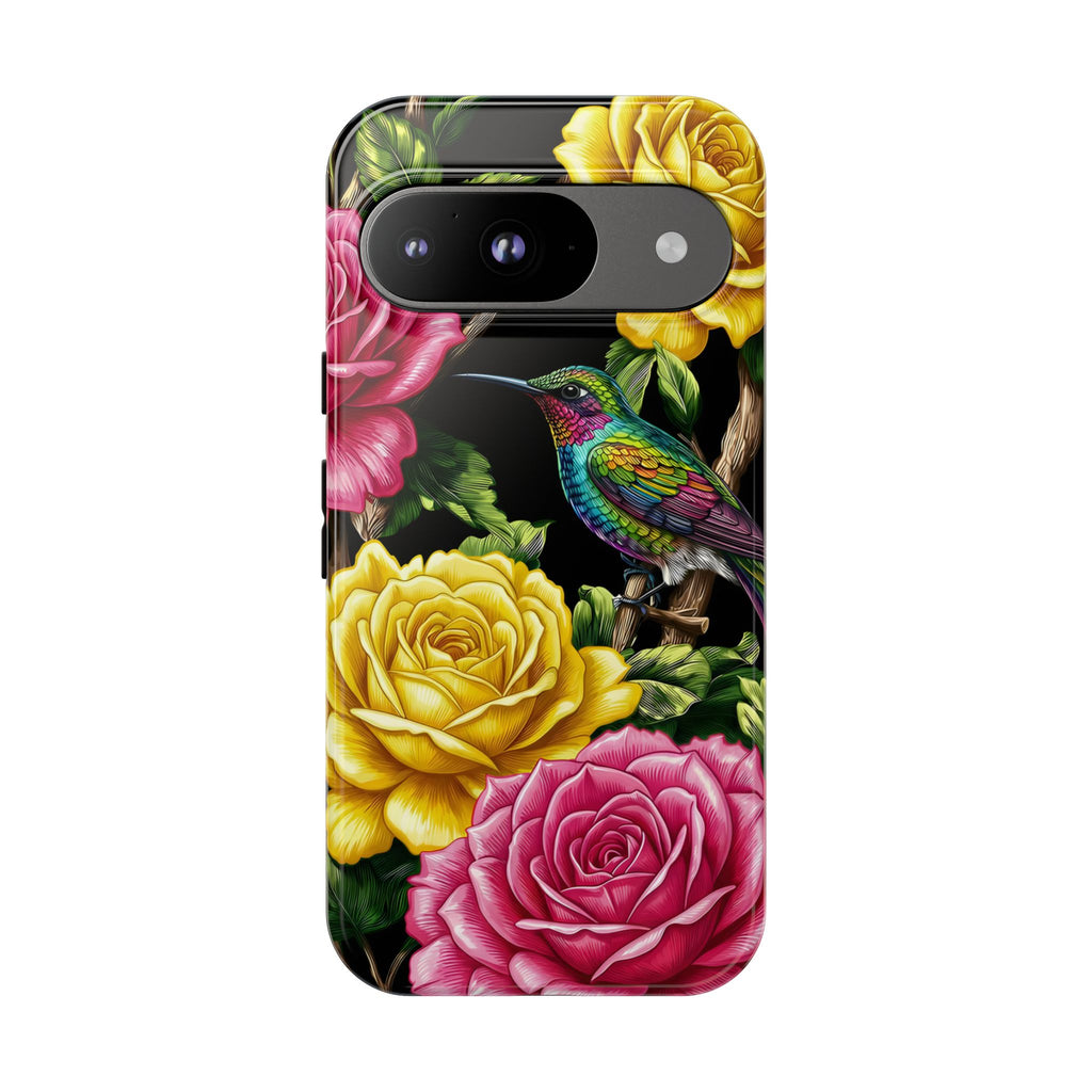 Floral Hummingbird Tough Google Pixel Phone Case | Vibrant Rose & Yellow Garden Protection