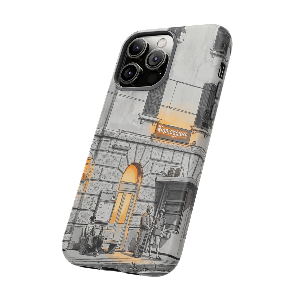 Cinque Terre Train Station iPhone Case | Black & White Sketch with Warm Yellow Accents