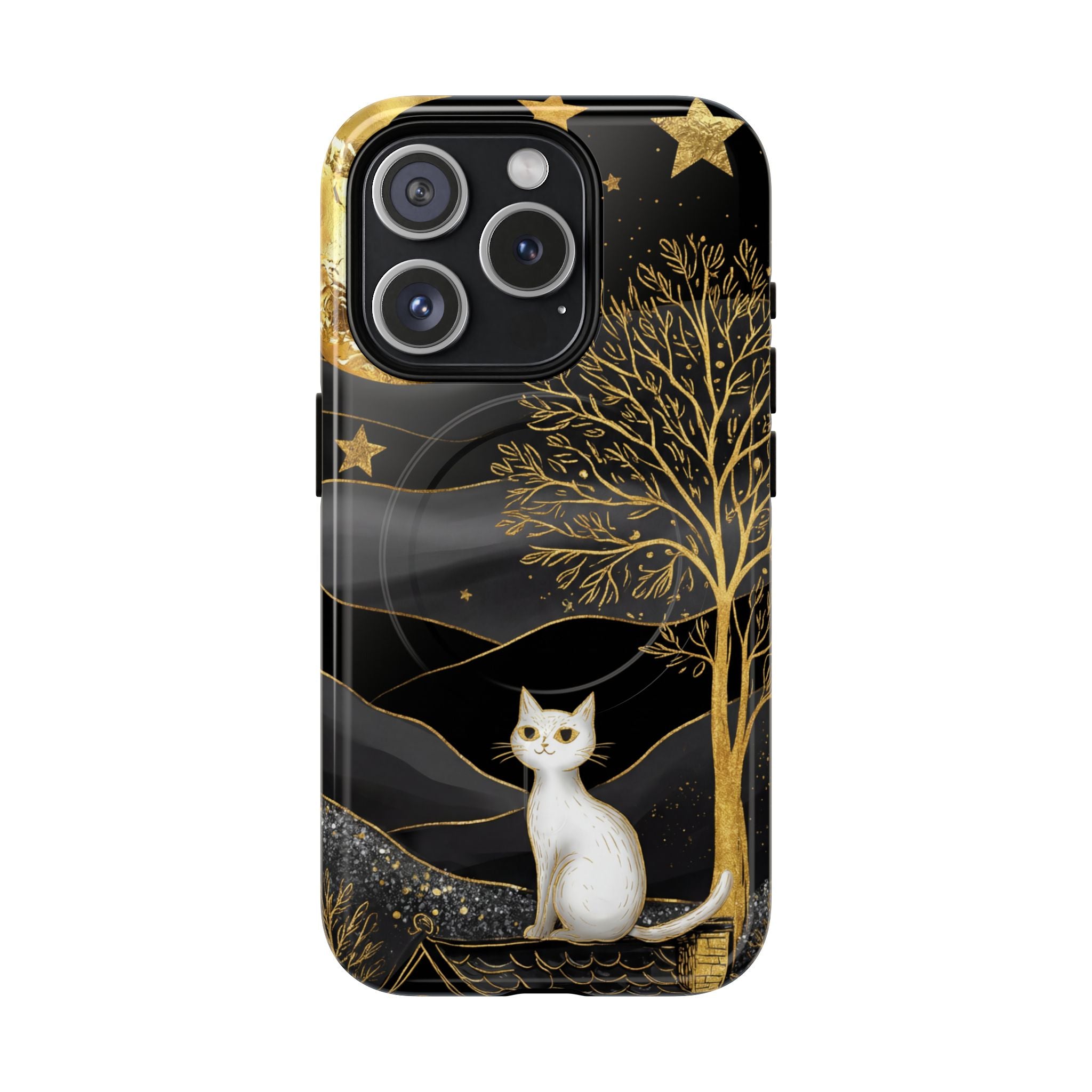 Custodia per iPhone Moonlit Cat | Custodia resistente MagSafe nera e oro