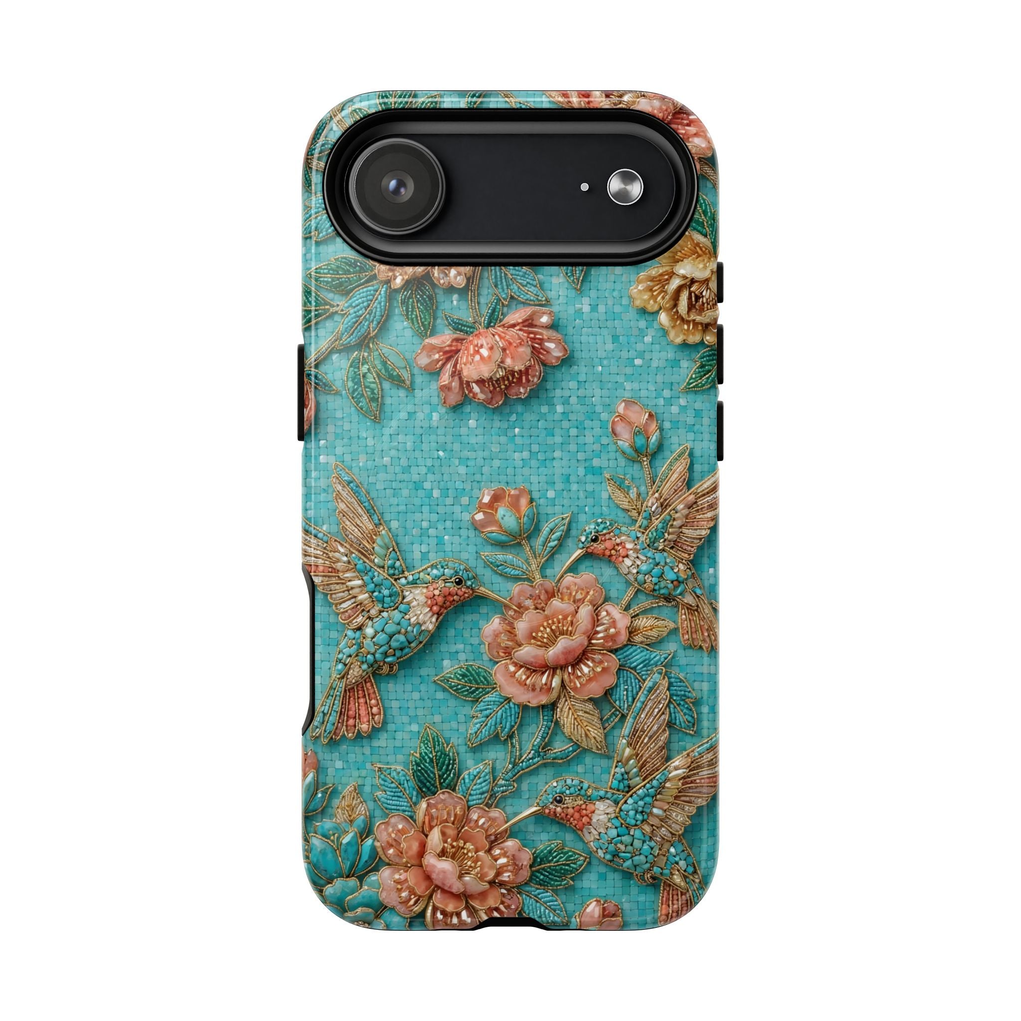 Floral Hummingbird Tough MagSafe iPhone Case | Turquoise Embroidered Garden Design