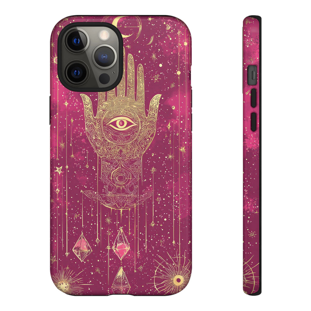 Mystic Hamsa iPhone Case | Gold Palm & All-Seeing Eye on Magenta Galaxy