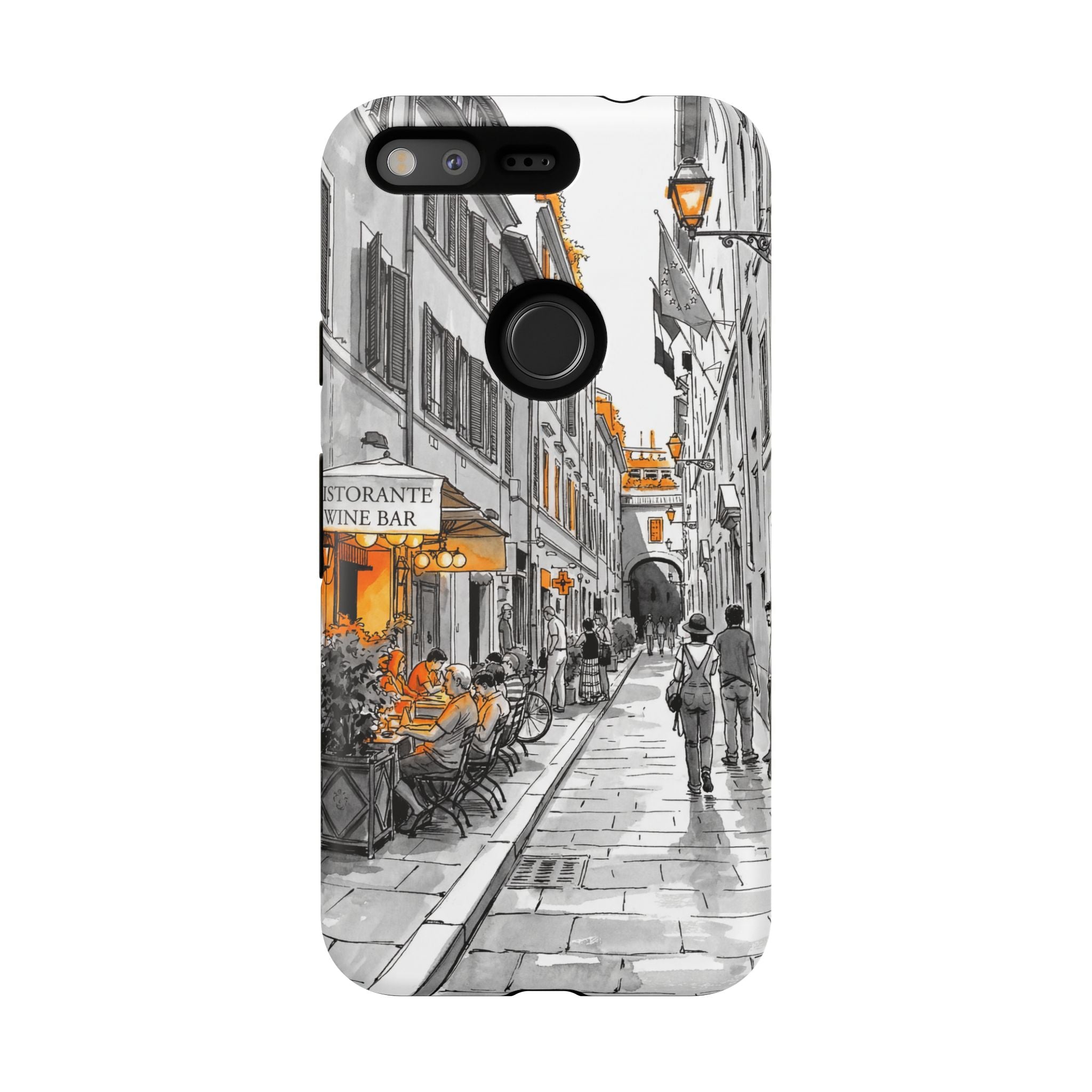 Italy Street Phone Case | Vintage Italian Cafe Sketch with Orange Accents