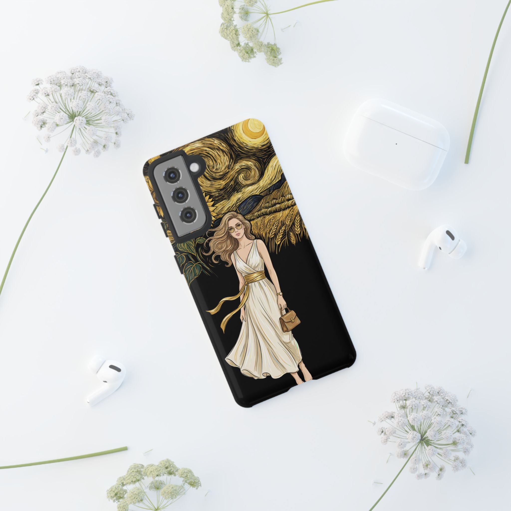 Sunflower Night Samsung Galaxy Phone Case | Woman in Flowing Dress Van Gogh Style