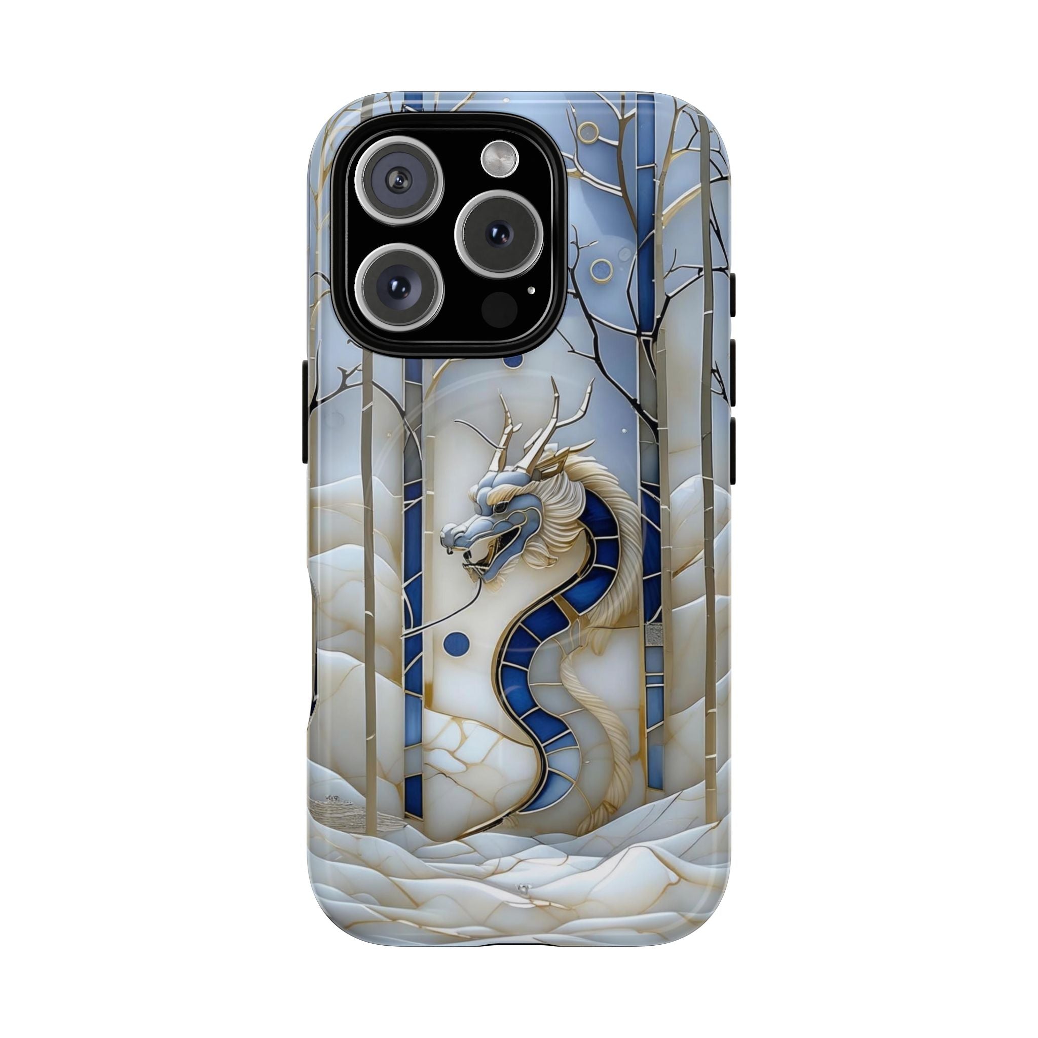 Dragon Stained Glass Tough MagSafe Phone Case — Blue & Ivory Medieval Art