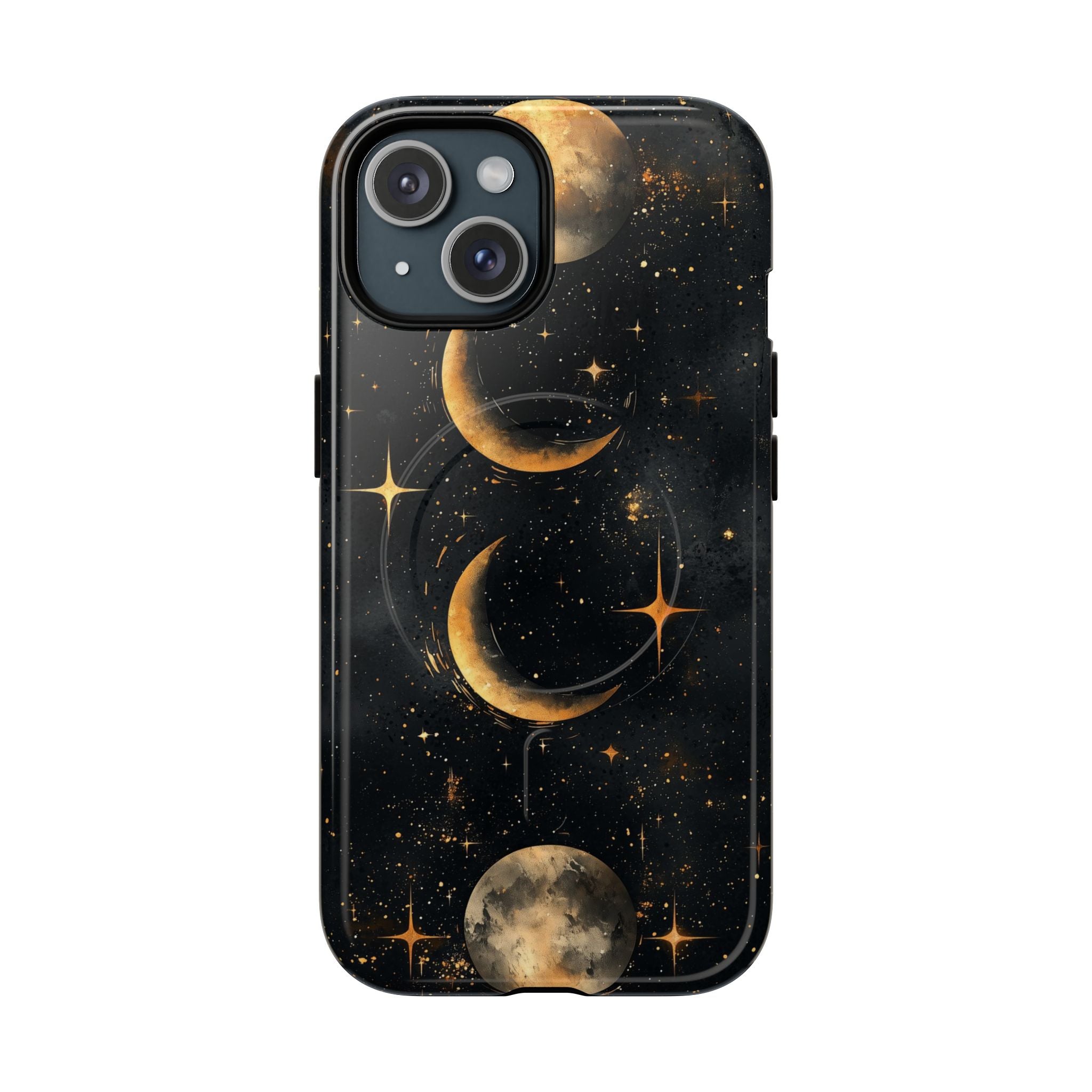 Custodia rigida MagSafe per iPhone con fasi lunari celestiali | Design a forma di galassia con mezzaluna dorata e luna piena