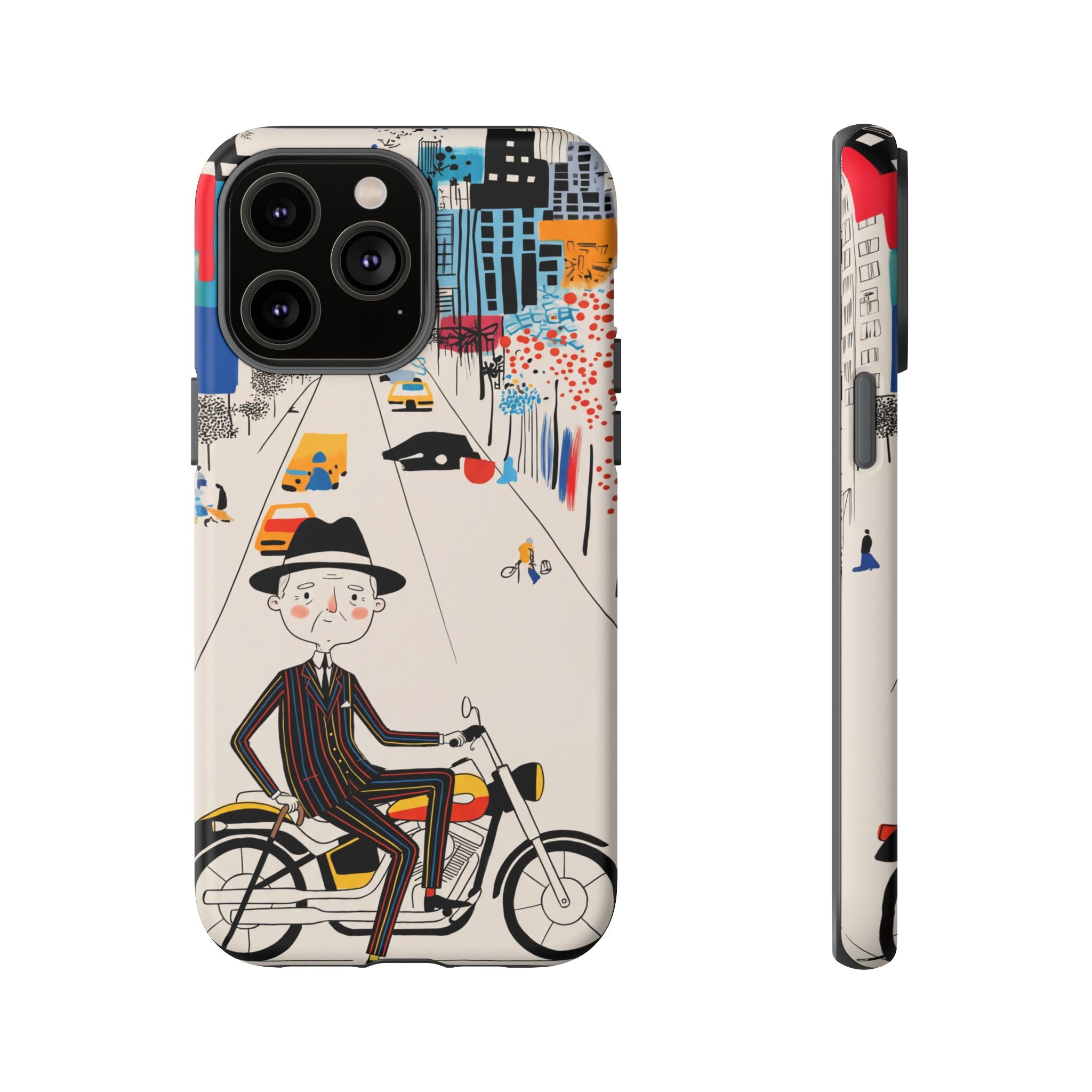 Vintage Grandpa Rider Motorcycle iPhone Case | Illustrated Cityscape