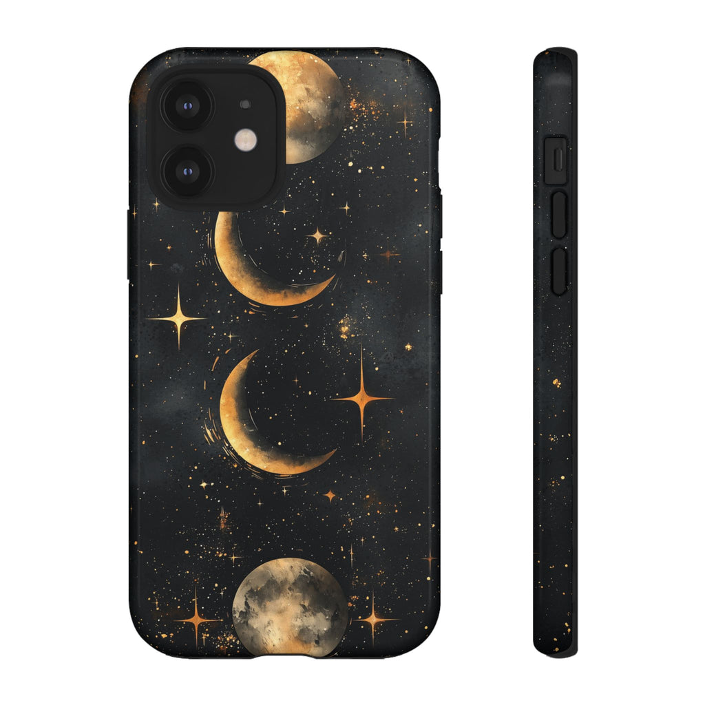Celestial Moon Phases Tough iPhone Case | Gold Crescent & Full Moon Galaxy Design