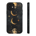 Celestial Moon Phases Tough iPhone Case | Gold Crescent & Full Moon Galaxy Design