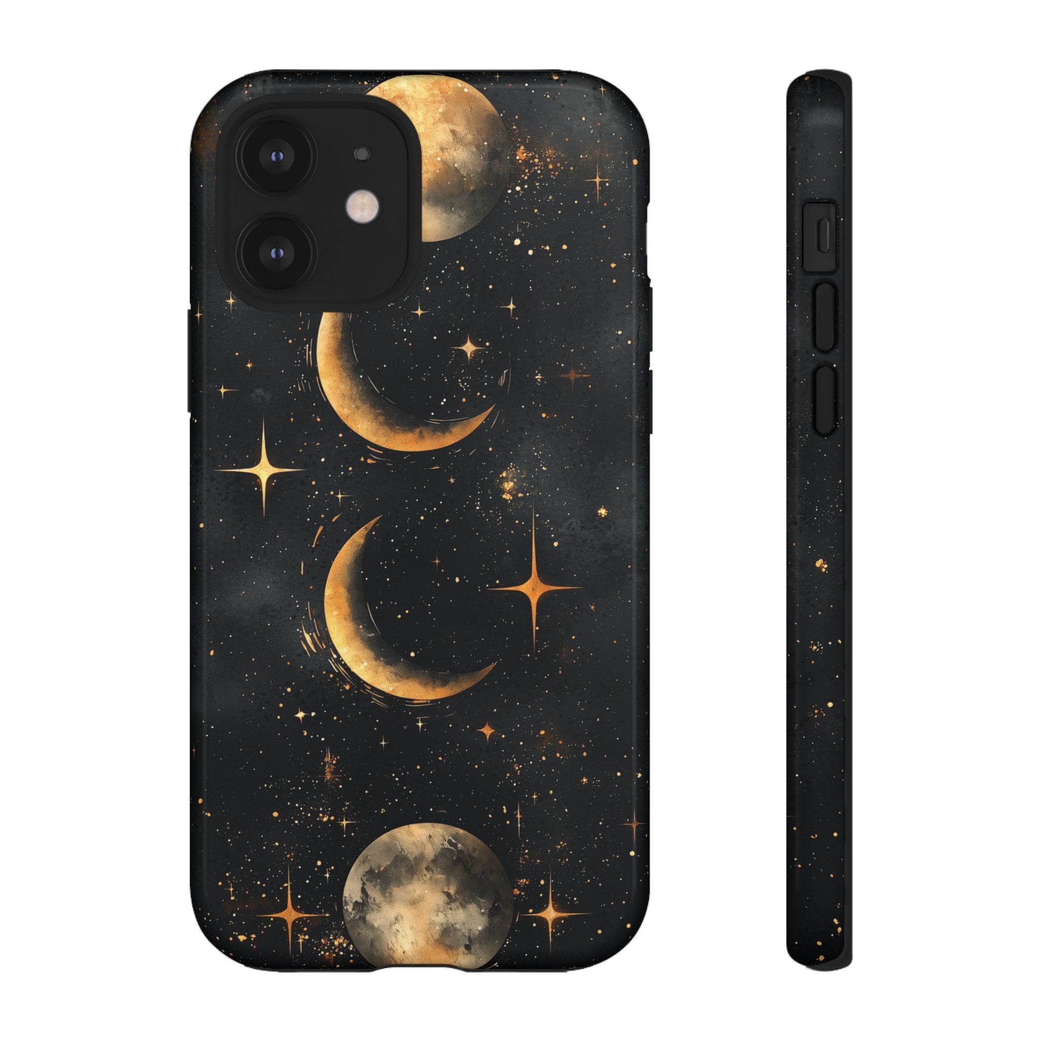Celestial Moon Phases Tough iPhone Case | Gold Crescent & Full Moon Galaxy Design
