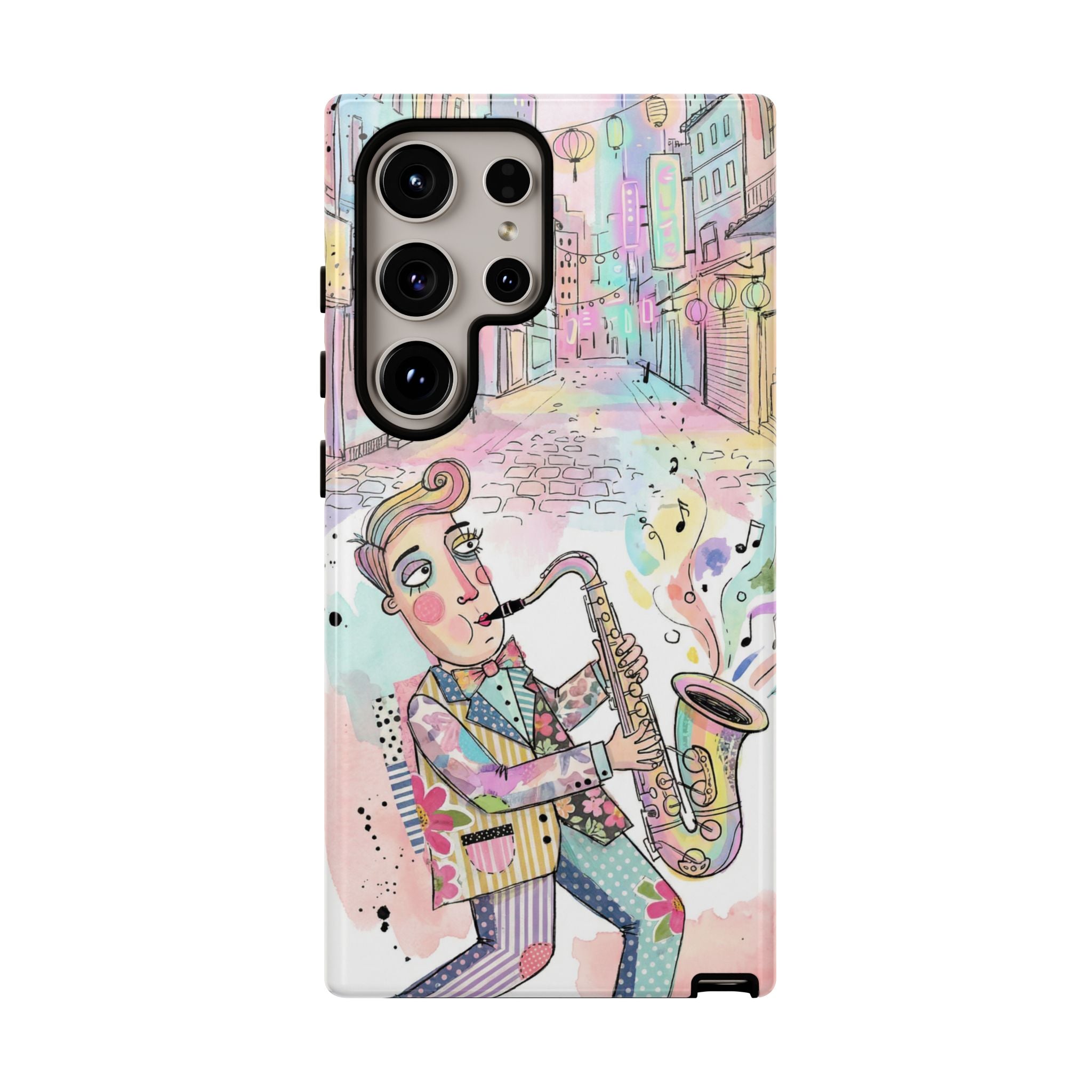 Sax Player Art Samsung Galaxy Phone Case | Pastel Jazz Street Illustration