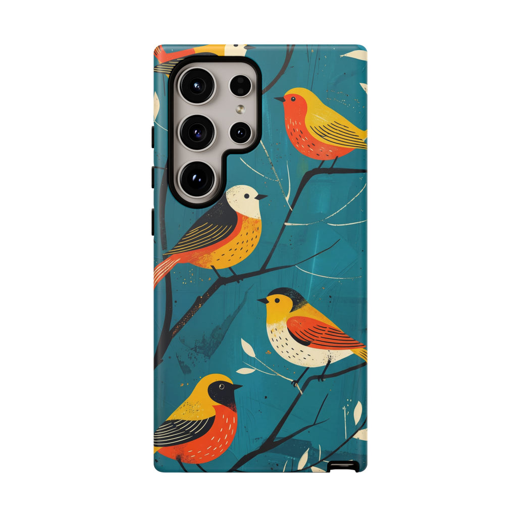 Bird Pattern Tough Samsung Galaxy Phone Case | Colourful Songbirds on Teal Background