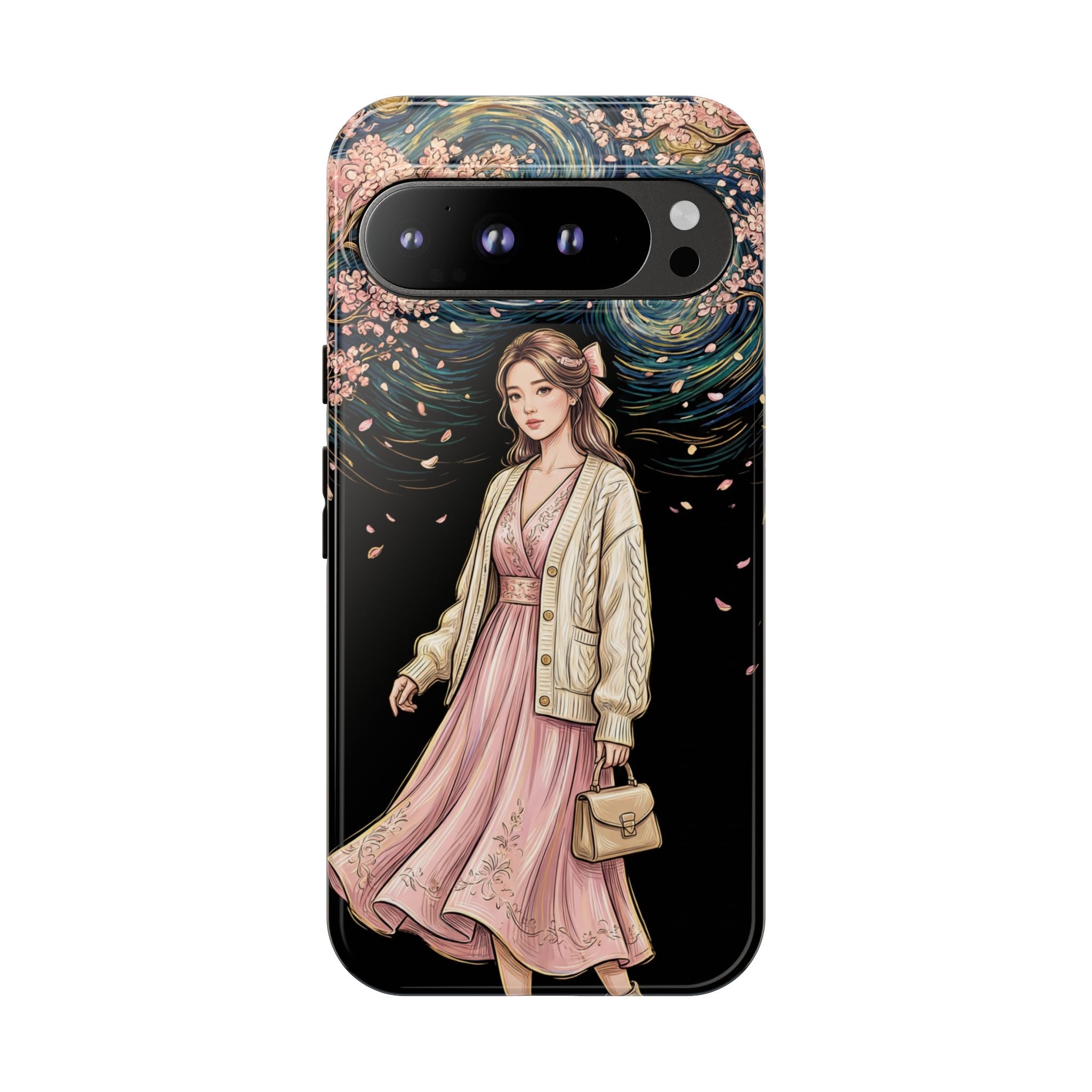 Floral Starry Night Google Pixel Phone Case | Elegant Girl in Pink Dress