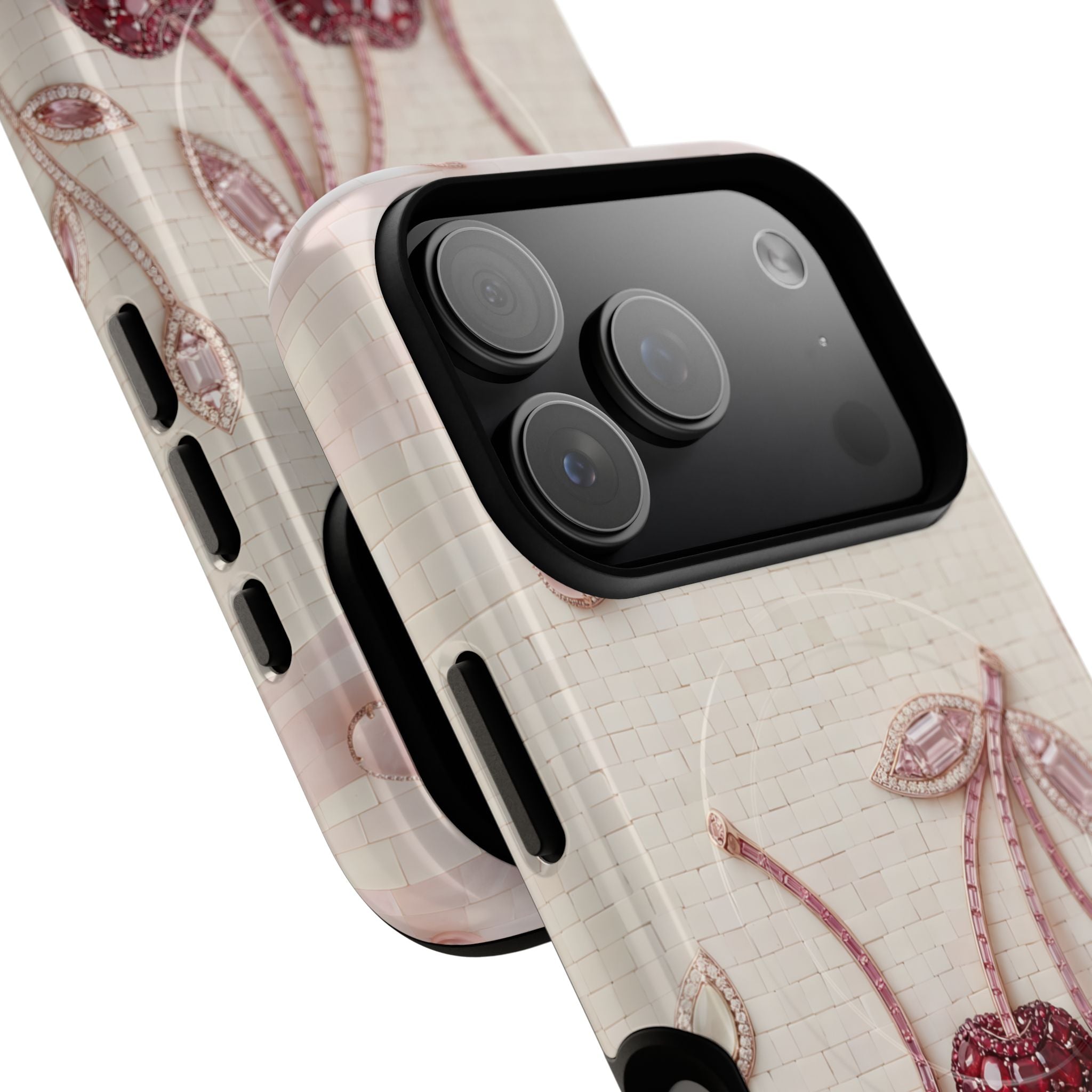 Cherry Embroidery MagSafe iPhone Case | Glitter Red Cherries Pattern