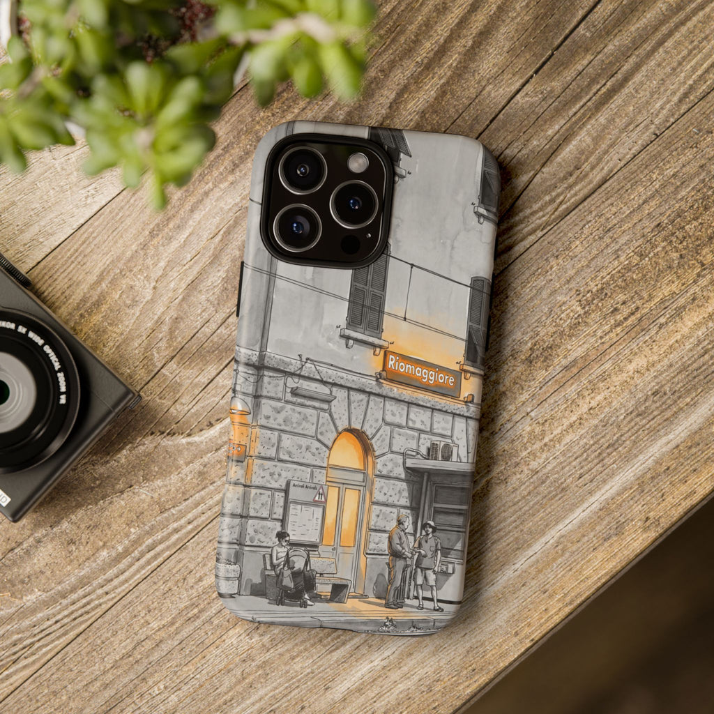 Cinque Terre Train Station iPhone Case | Black & White Sketch with Warm Yellow Accents
