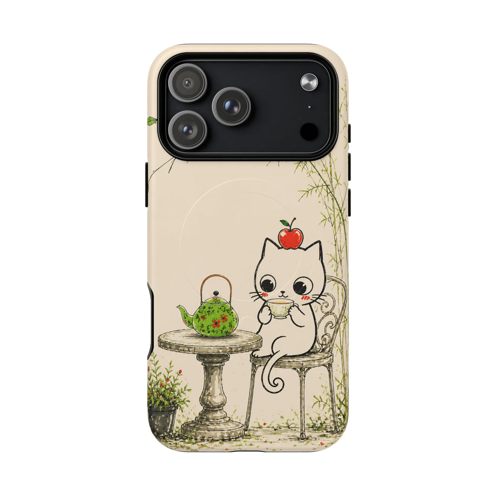 Cute Cat Tea Time MagSafe iPhone Case | Kawaii Kitten with Apple Design