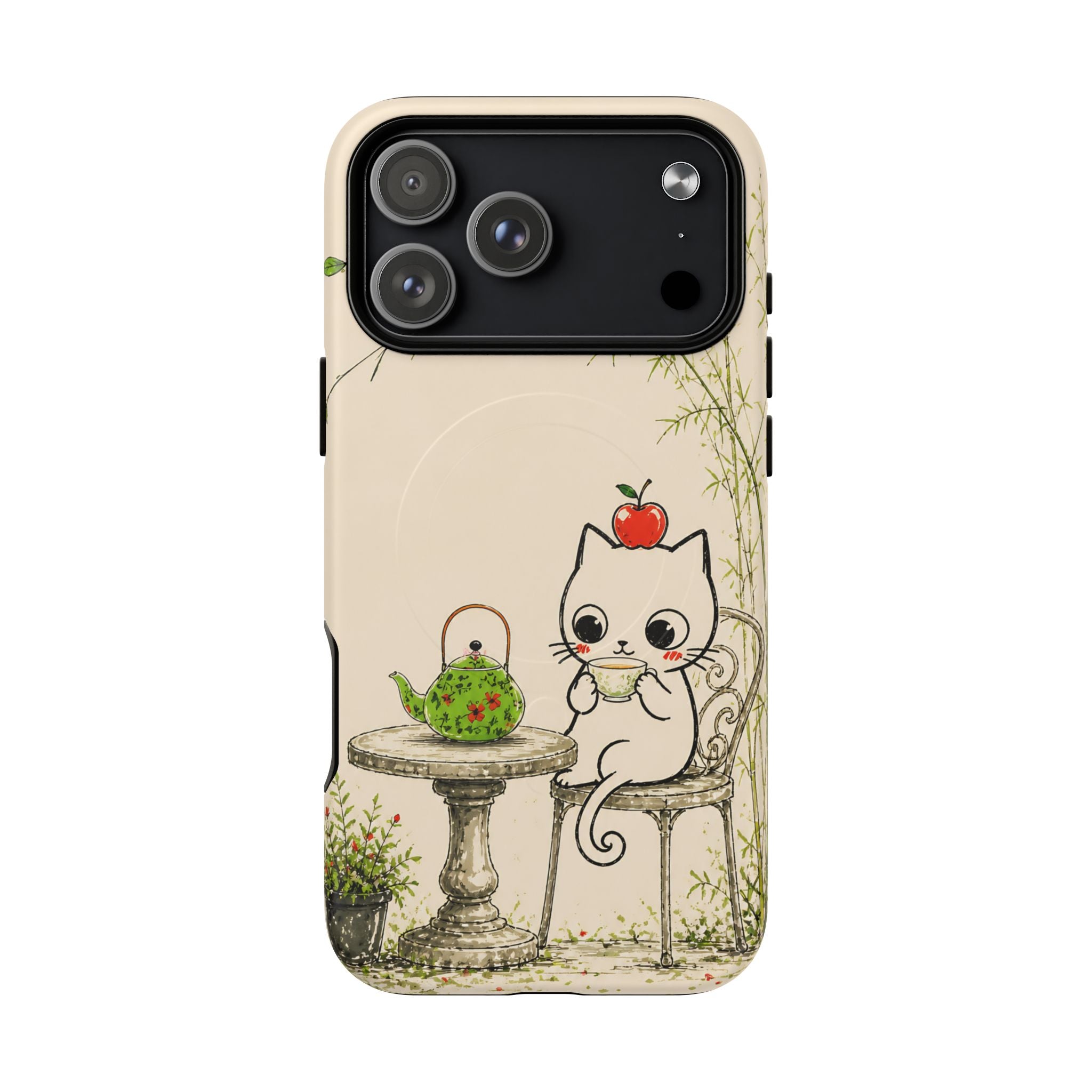Cute Cat Tea Time MagSafe iPhone Case | Kawaii Kitten with Apple Design