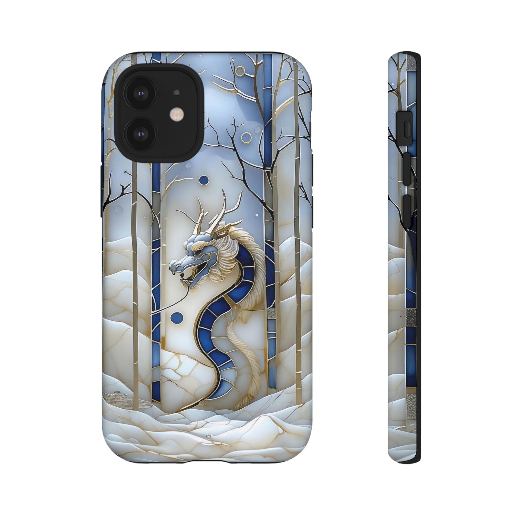 Dragon Stained Glass iPhone Case — Blue Winter Forest Protective Cover