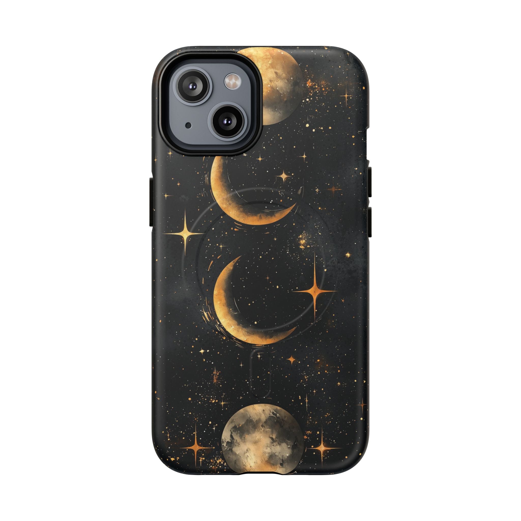 Custodia rigida MagSafe per iPhone con fasi lunari celestiali | Design a forma di galassia con mezzaluna dorata e luna piena