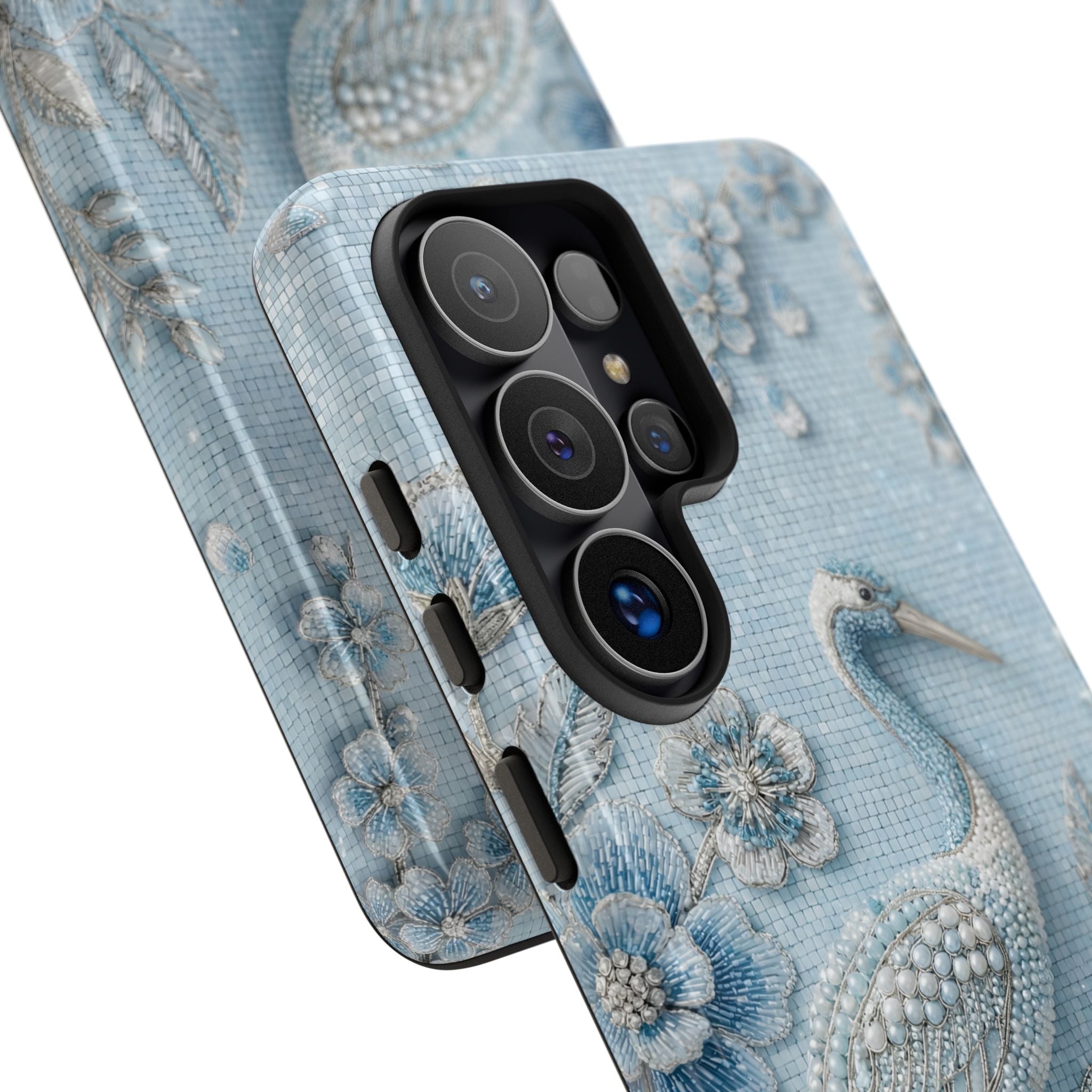 Blue Crane Floral Samsung Galaxy Phone Case | Vintage Embossed Bird Design