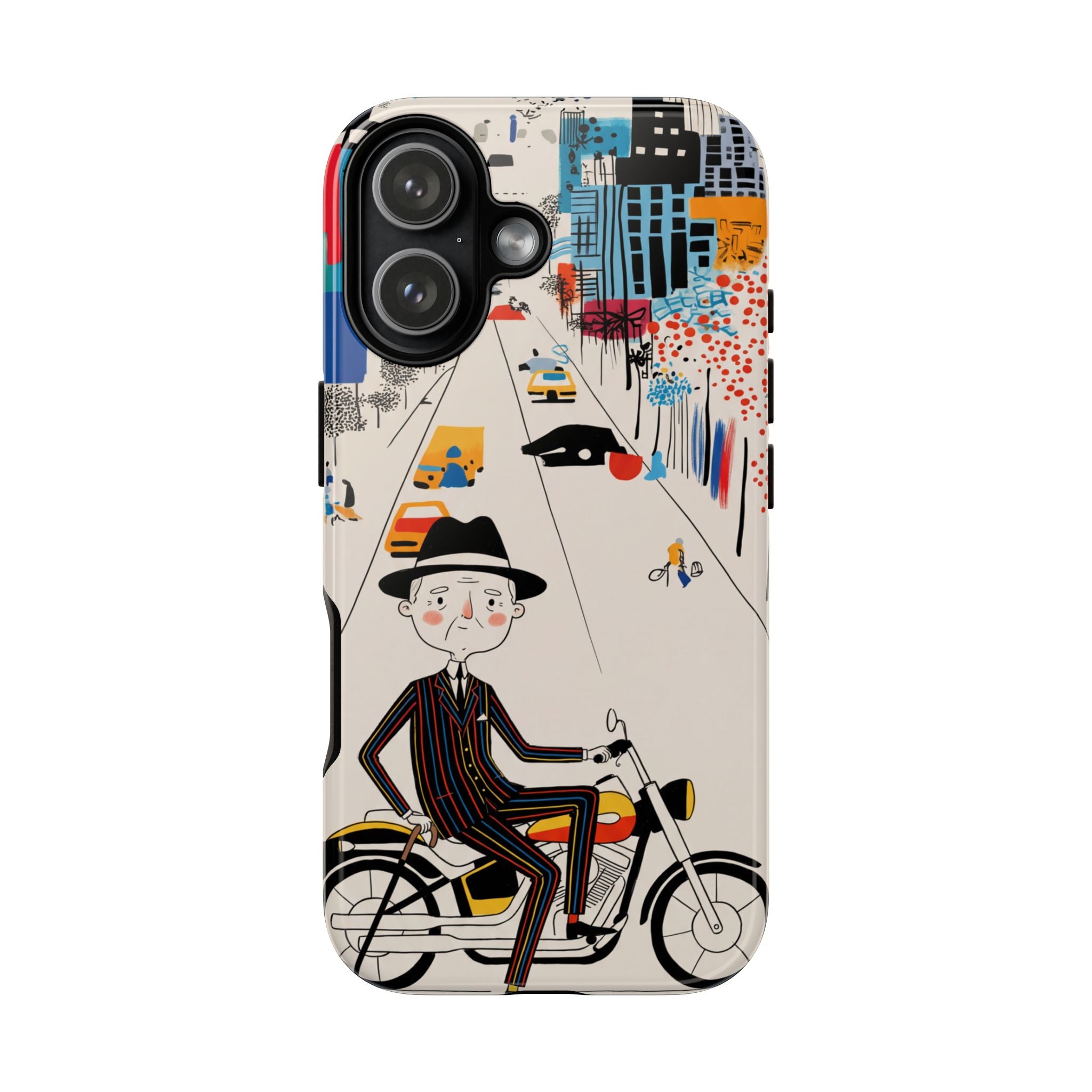 Vintage Grandpa Rider Motorcycle iPhone Case | Illustrated Cityscape