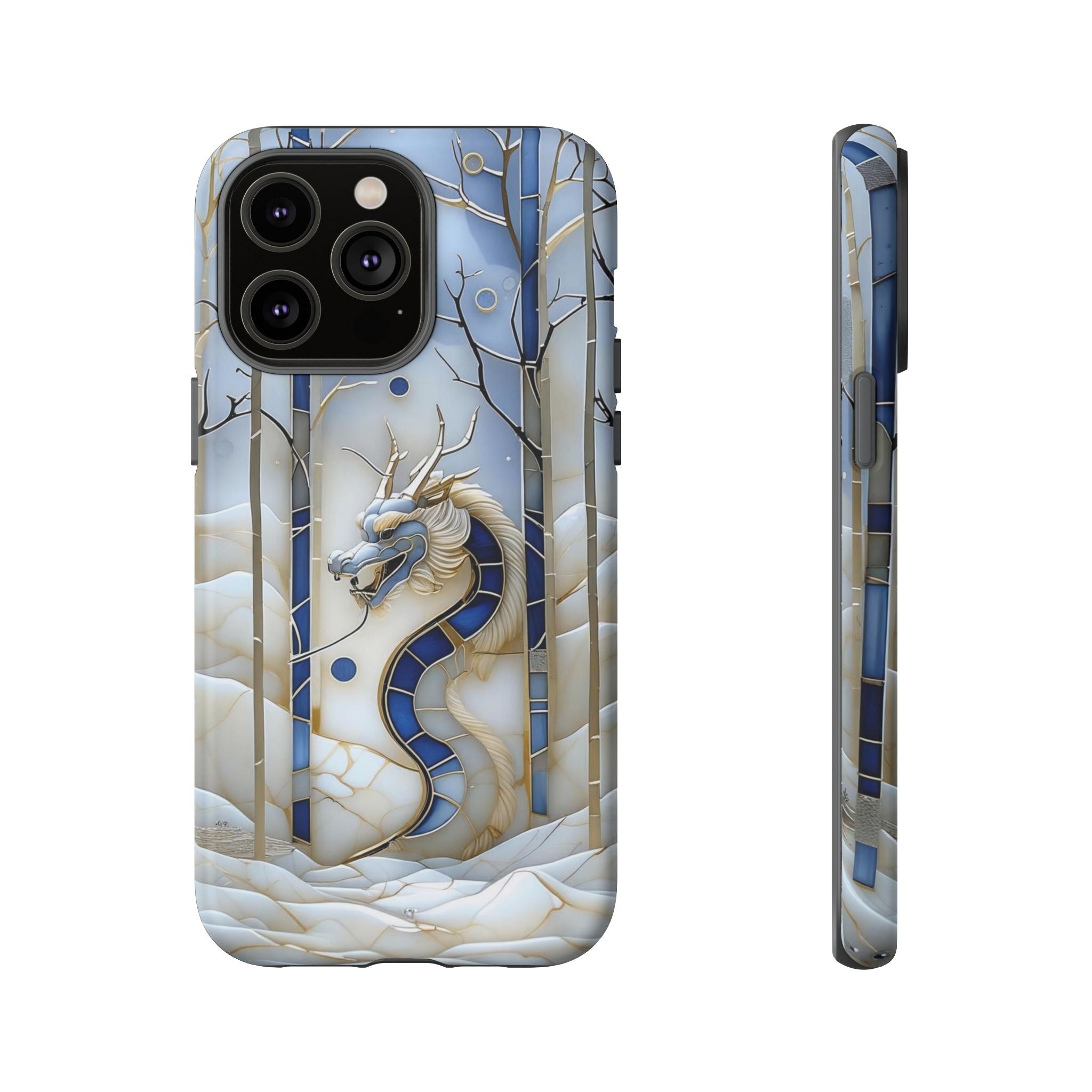 Dragon Stained Glass iPhone Case — Blue Winter Forest Protective Cover