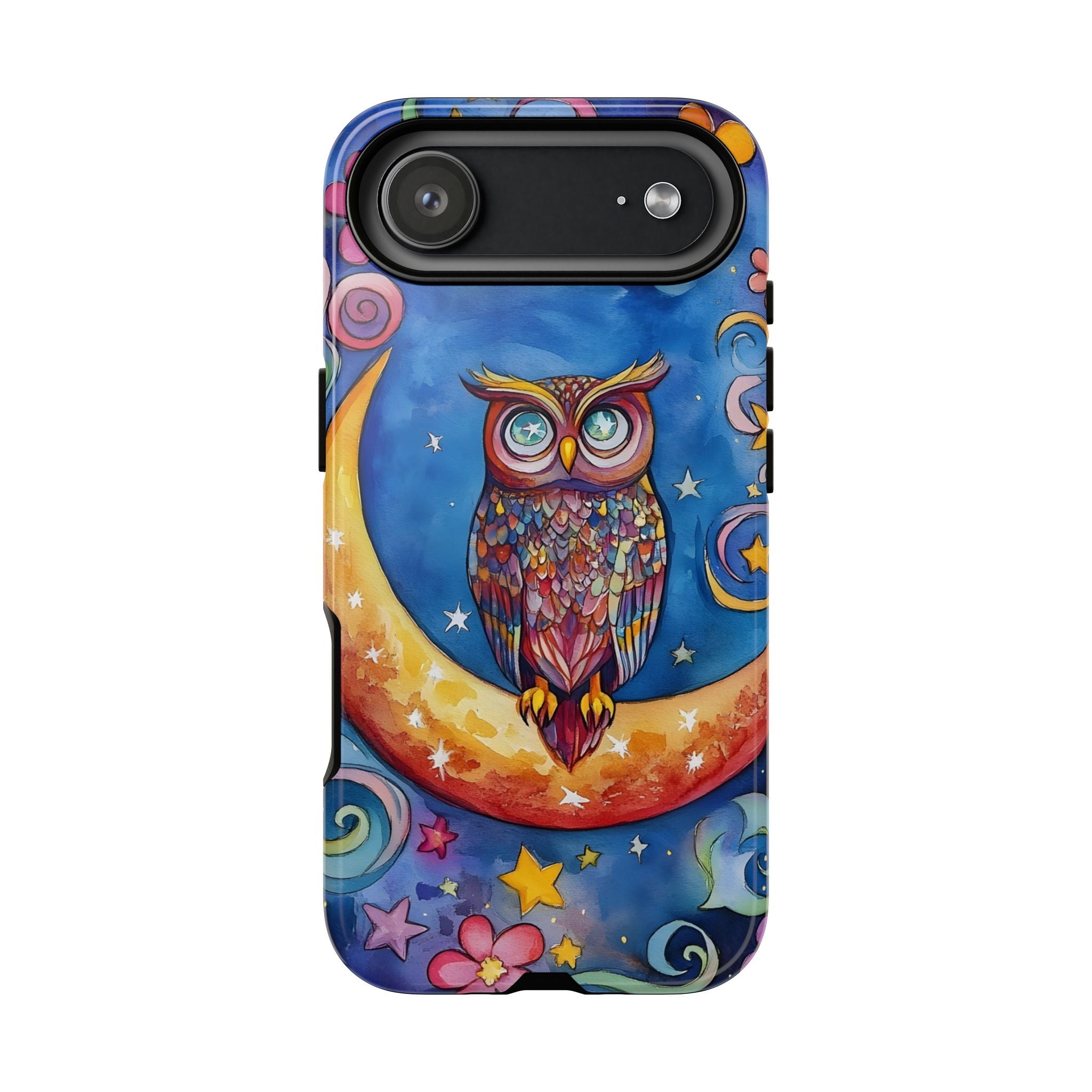 Owl on Crescent Moon iPhone Case — Colourful Whimsical Night Sky Design