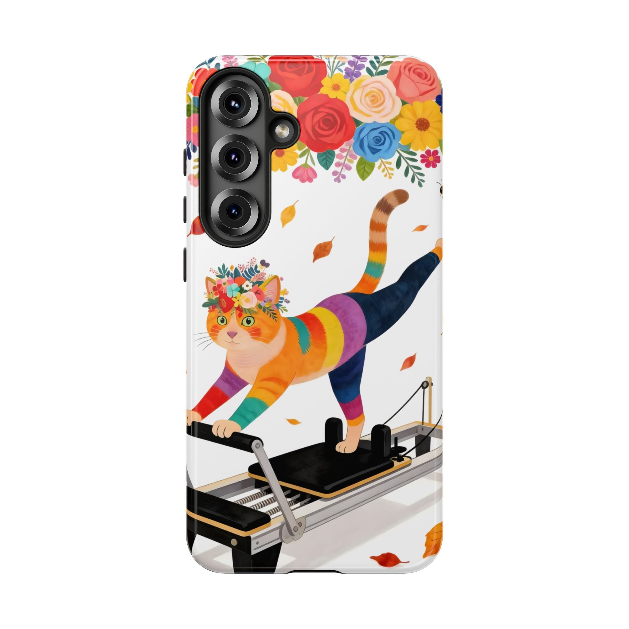 Cat Pilates Samsung Galaxy Phone Case | Floral Rainbow Cat on Reformer
