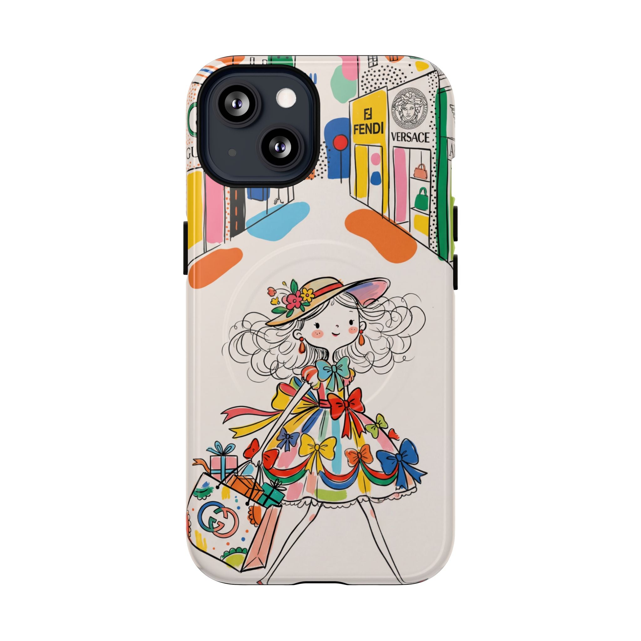 Cute Fashion Girl MagSafe iPhone Case | Colourful Shopping Street Design