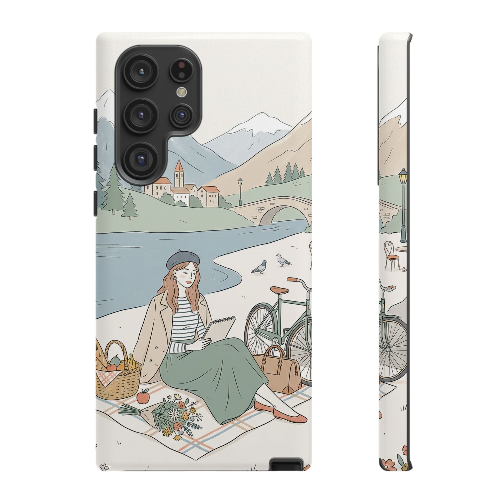 Scenic Picnic Samsung Galaxy Phone Case | Vintage Bicycle & Mountain Illustration