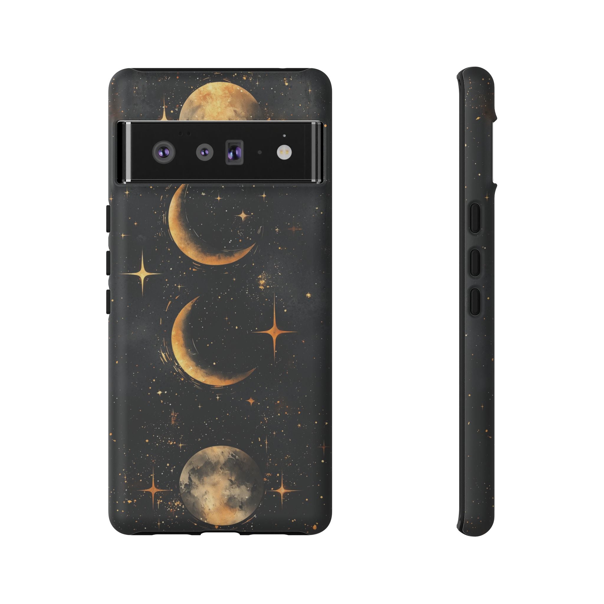 Celestial Moon Phases Tough Google Pixel Case | Gold Crescent & Full Moon Galaxy Design