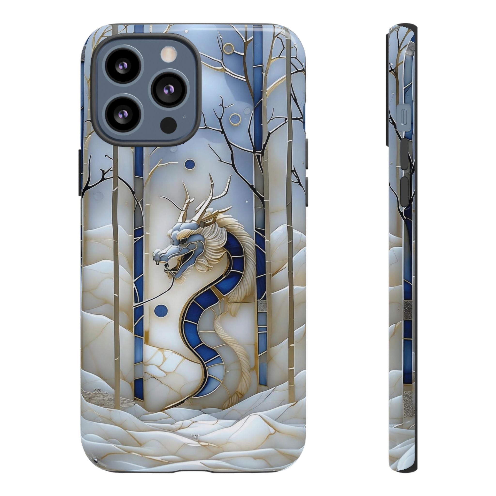 Dragon Stained Glass iPhone Case — Blue Winter Forest Protective Cover
