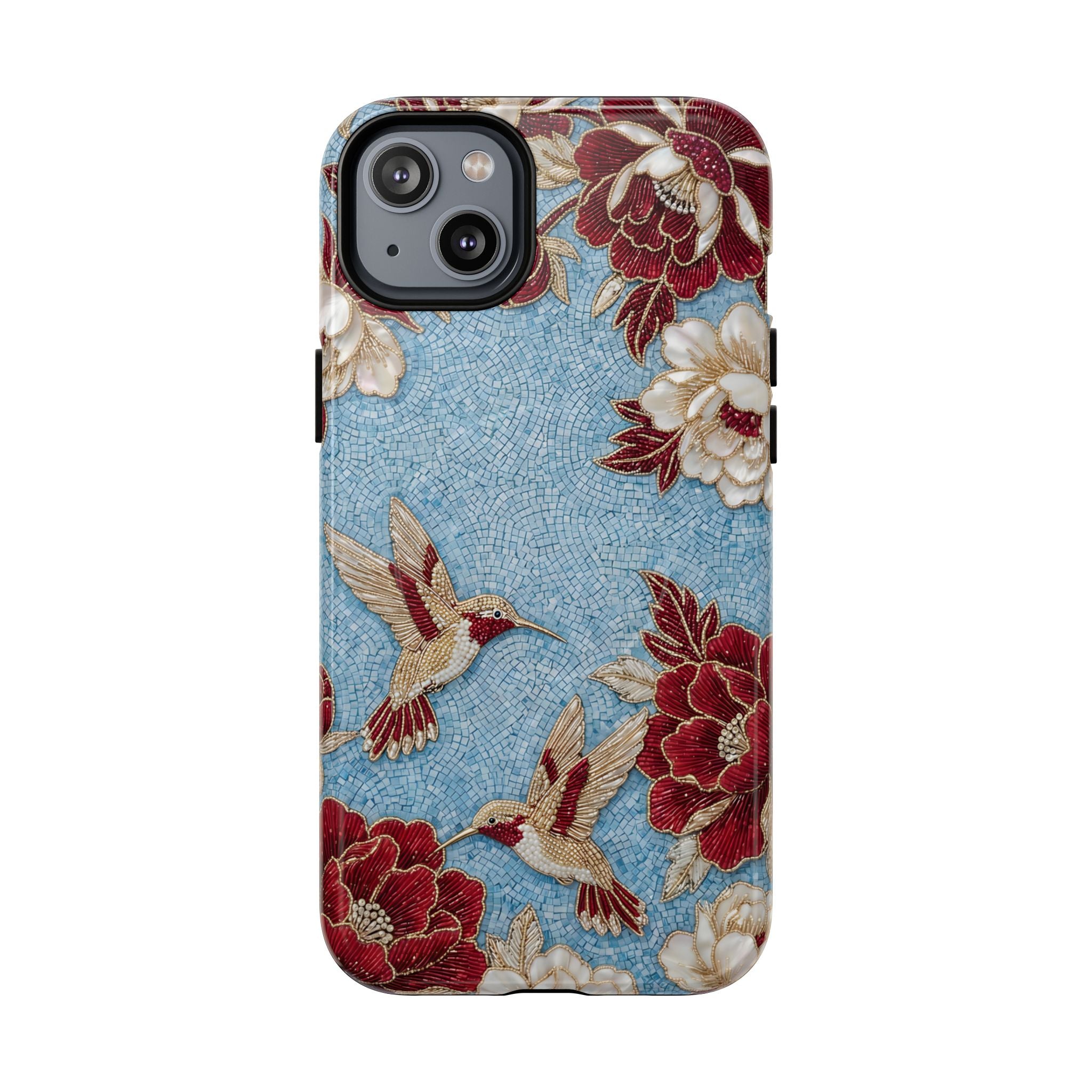 Floral Hummingbird Tough MagSafe iPhone Case | Vintage Blue & Burgundy Botanical Design