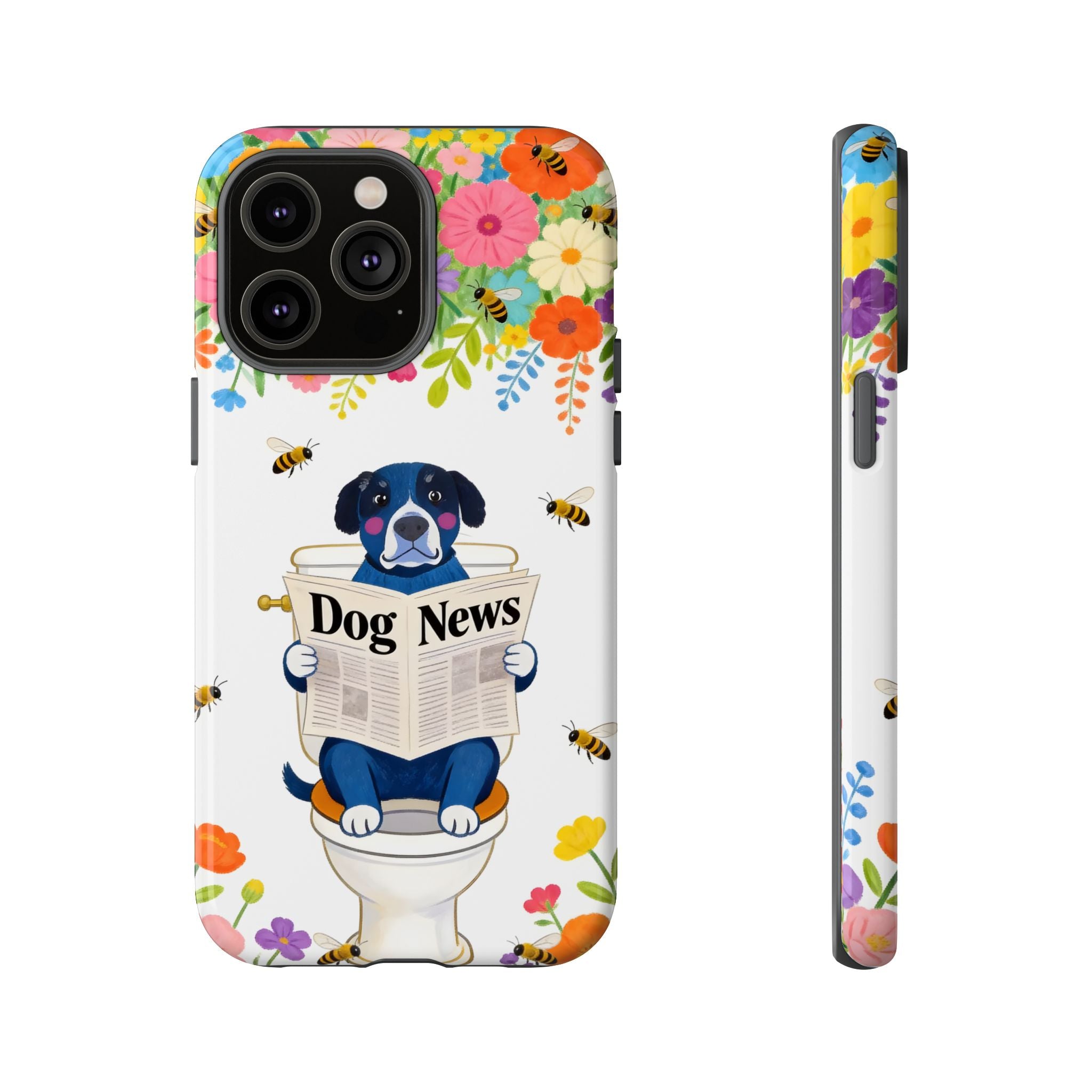 Dog News Floral iPhone Case | Cute Dog on Toilet Pattern, Spring Floral iPhone Cover