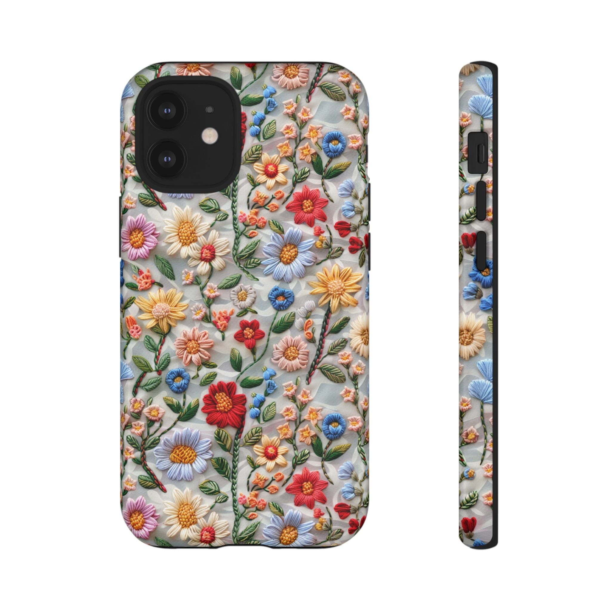 Floral Embroidered Pattern Tough iPhone Case — Colourful Daisy & Wildflower Design