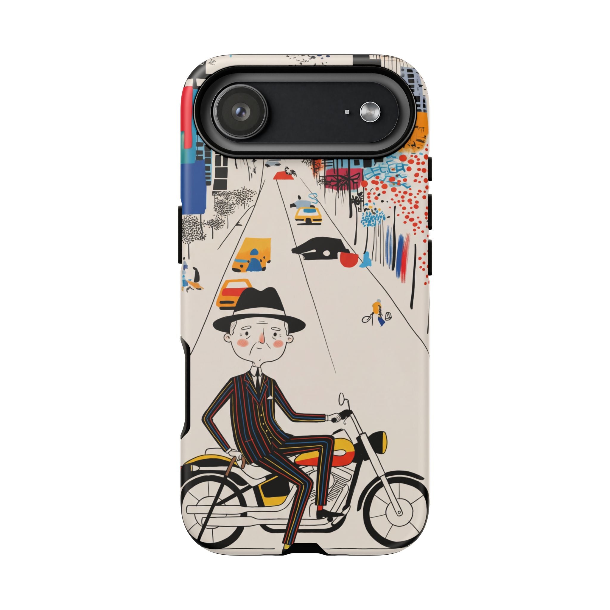 Vintage Grandpa Rider Motorcycle iPhone Case | Illustrated Cityscape