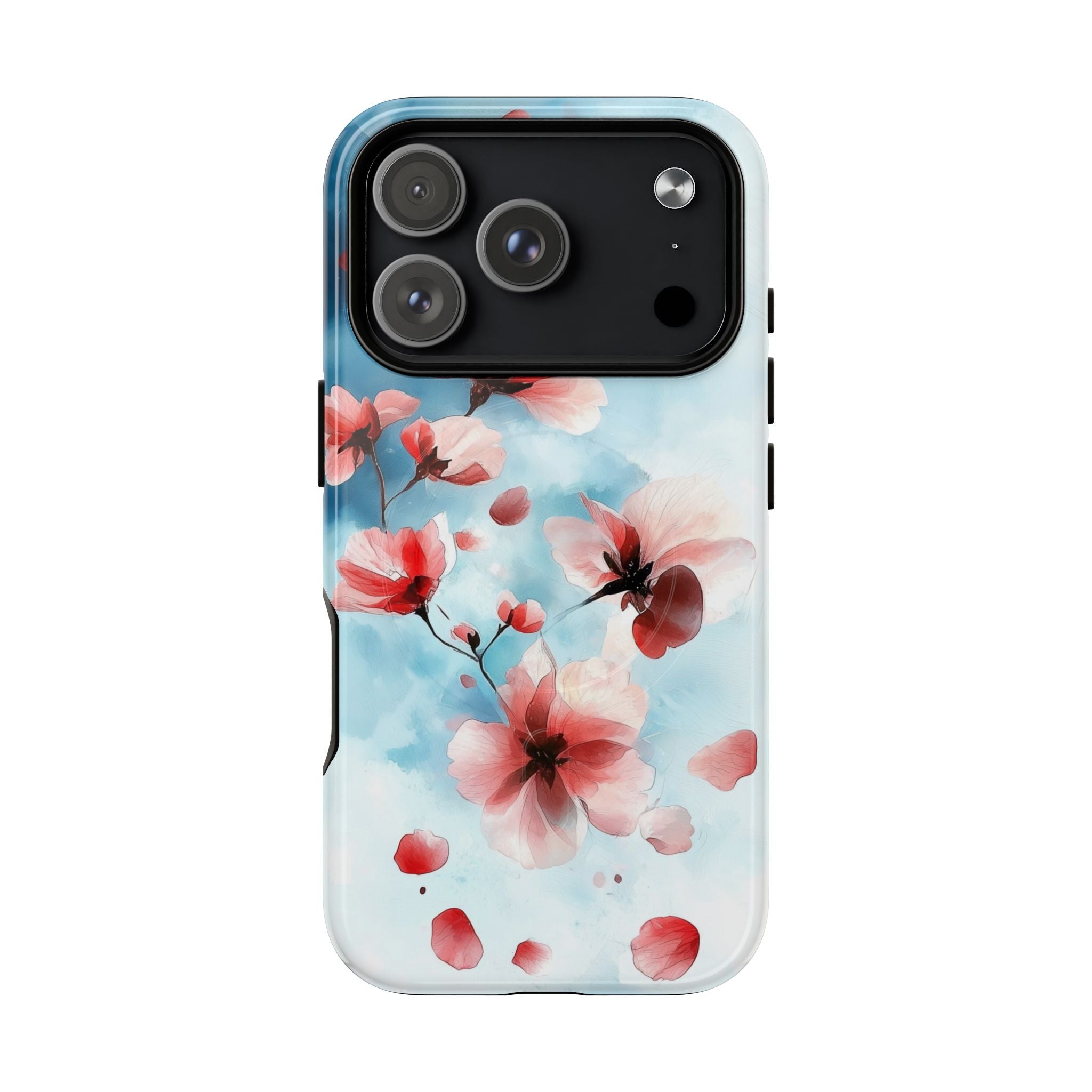 Custodia MagSafe per iPhone con motivo floreale di ciliegio | Rosa pastello e blu