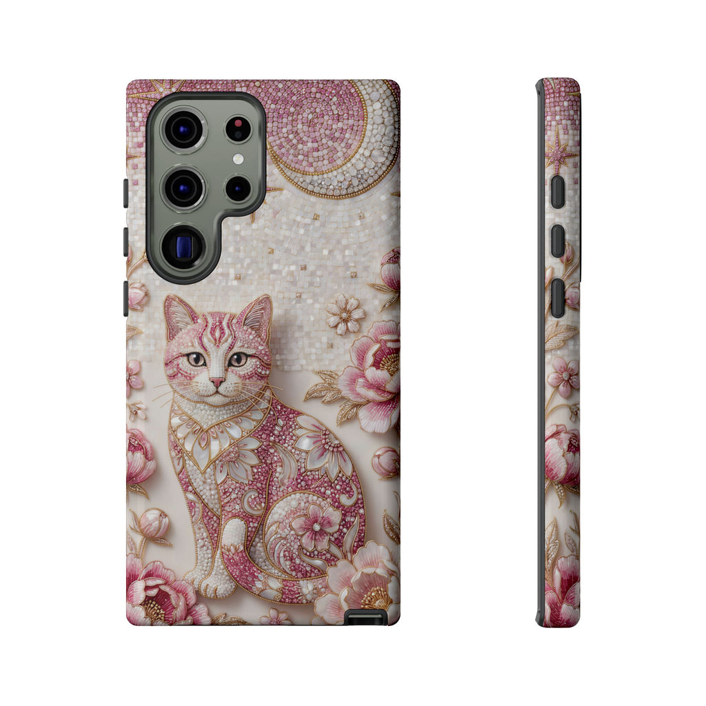 Custodia per telefono Samsung Galaxy con gatto floreale vintage | Cover per telefono con luna rosa e rose