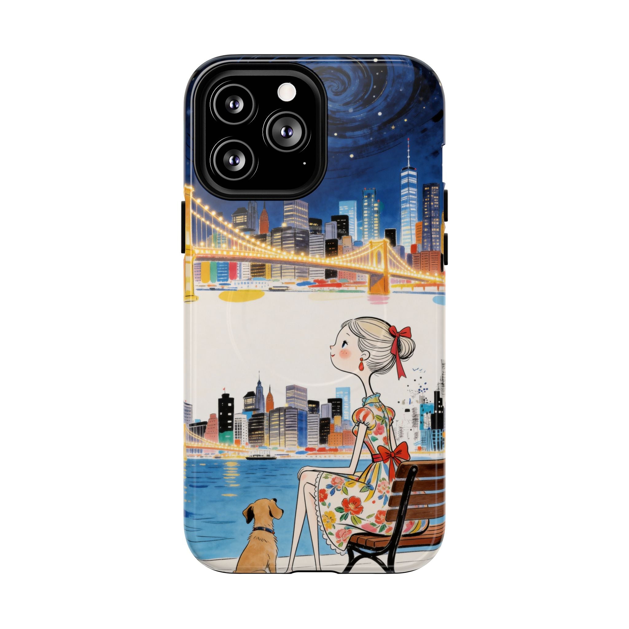 City Night MagSafe iPhone Case | Cute Girl & Dog Bench Illustration