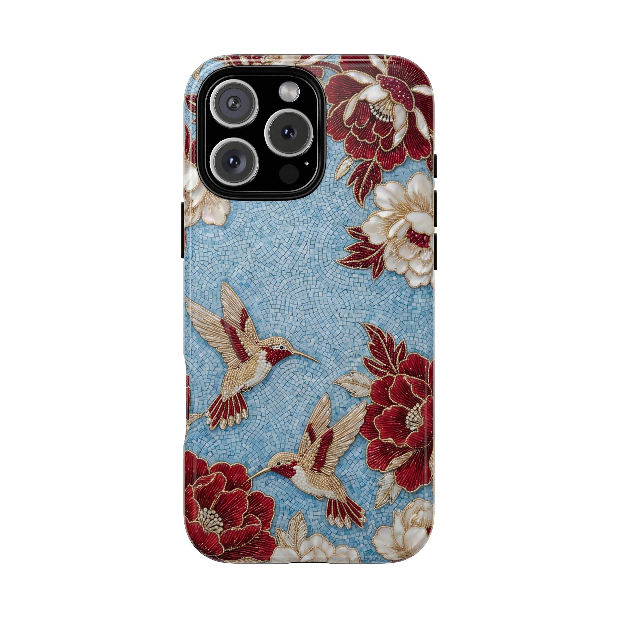 Floral Hummingbird Tough MagSafe iPhone Case | Vintage Blue & Burgundy Botanical Design