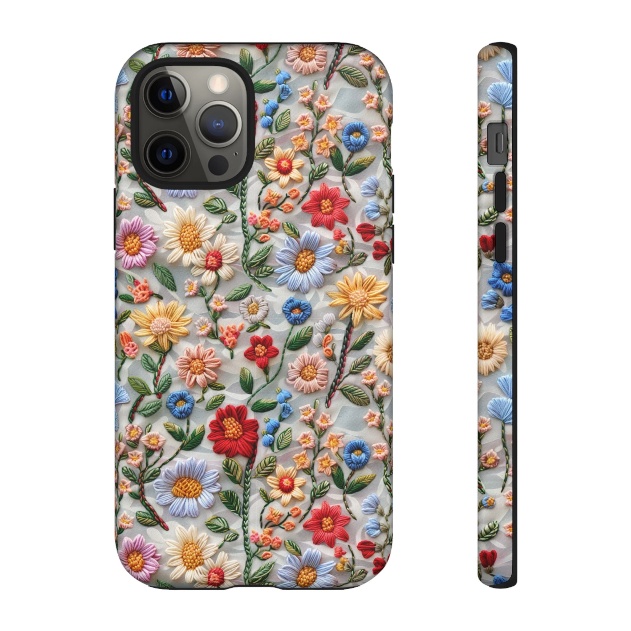 Floral Embroidered Pattern Tough iPhone Case — Colourful Daisy & Wildflower Design