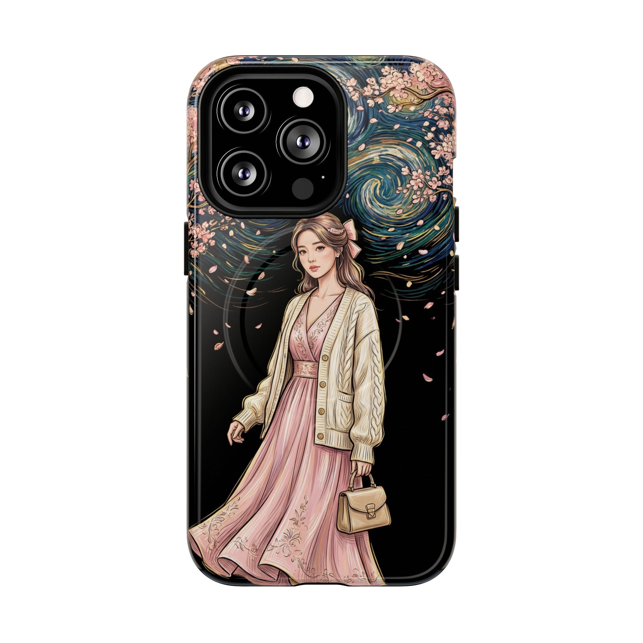 Floral Starry Night MagSafe iPhone Case | Elegant Girl in Pink Dress
