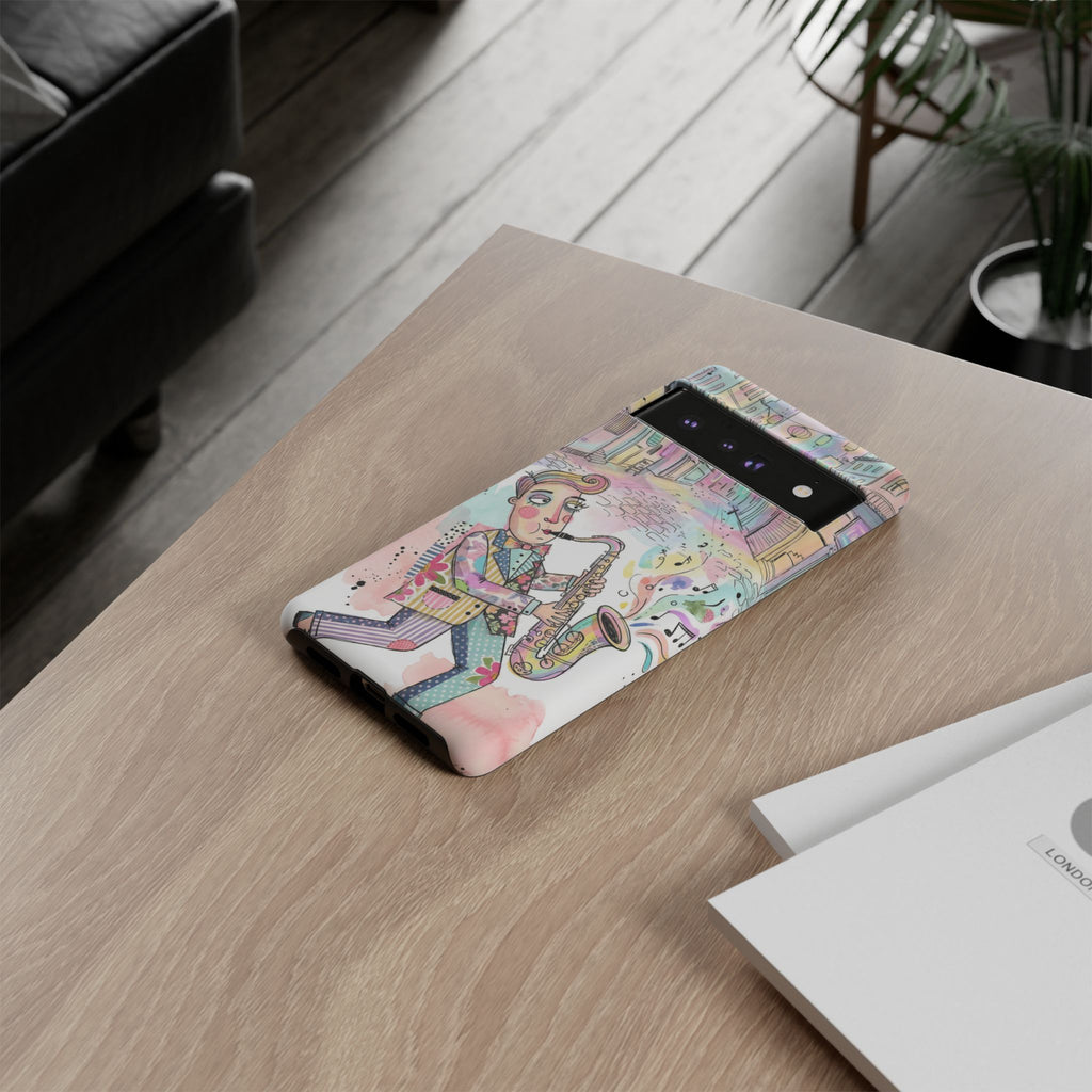 Custodia per telefono Google Pixel "Sax Player Art" | Illustrazione Jazz Stradale Pastello