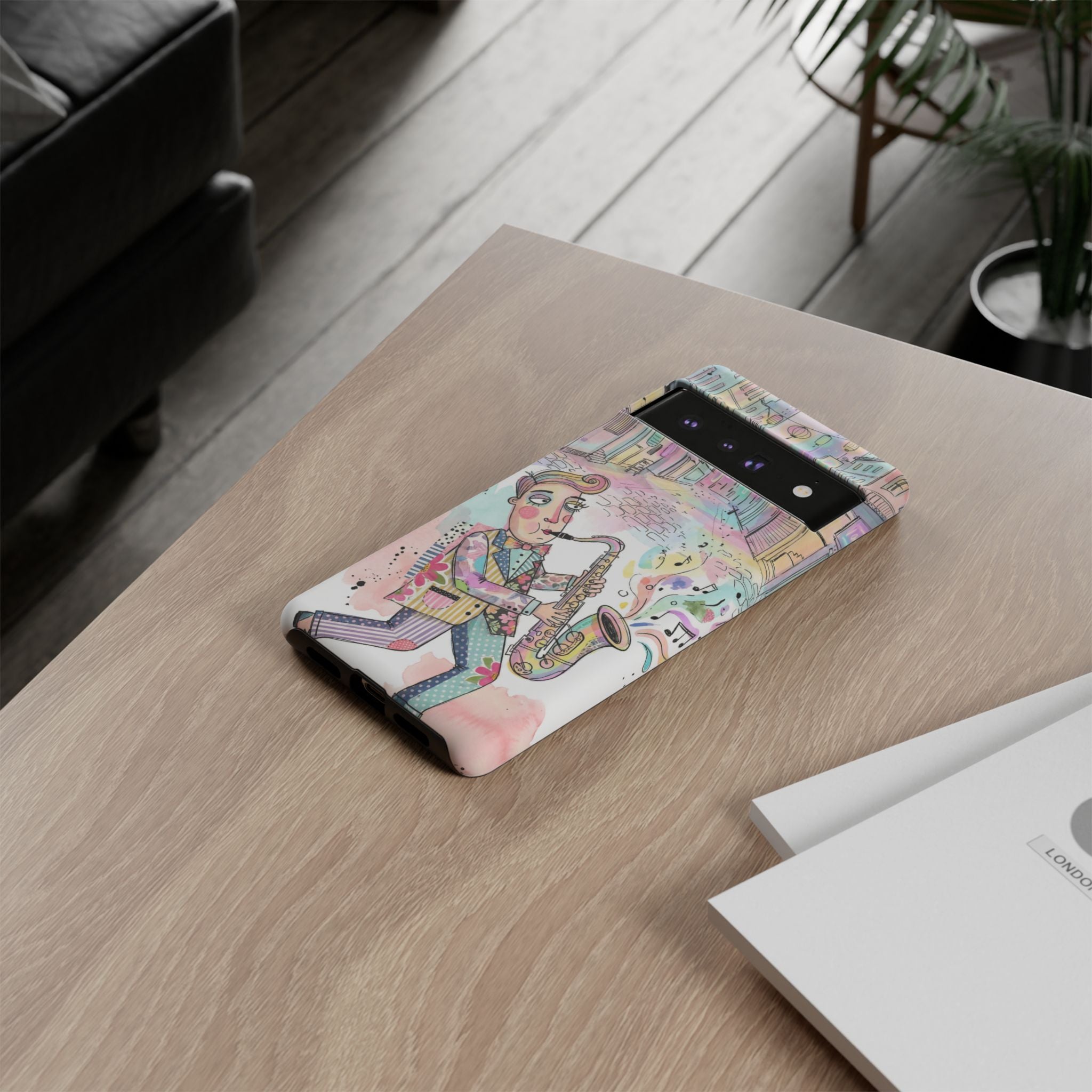 Custodia per telefono Google Pixel "Sax Player Art" | Illustrazione Jazz Stradale Pastello