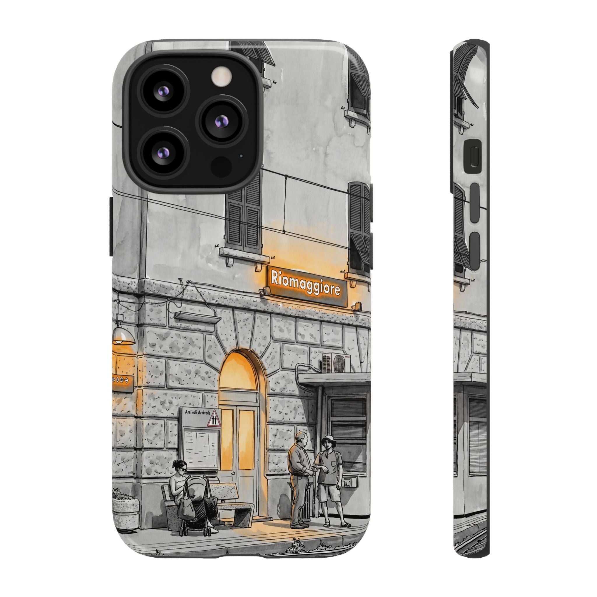 Cinque Terre Train Station iPhone Case | Black & White Sketch with Warm Yellow Accents