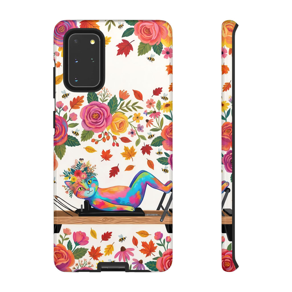 Autumn Floral Pilates Samsung Galaxy Phone Case | Colorful Rainbow Pilates Figure on Falling Leaves