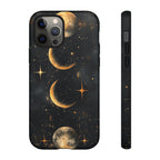 Celestial Moon Phases Tough iPhone Case | Gold Crescent & Full Moon Galaxy Design