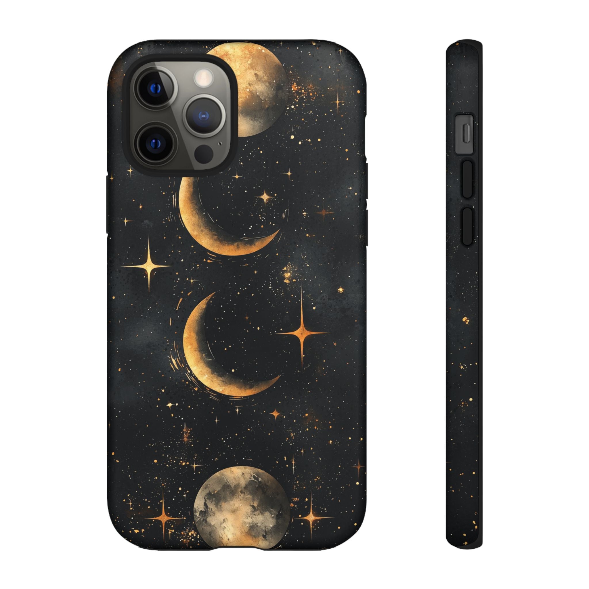 Celestial Moon Phases Tough iPhone Case | Gold Crescent & Full Moon Galaxy Design
