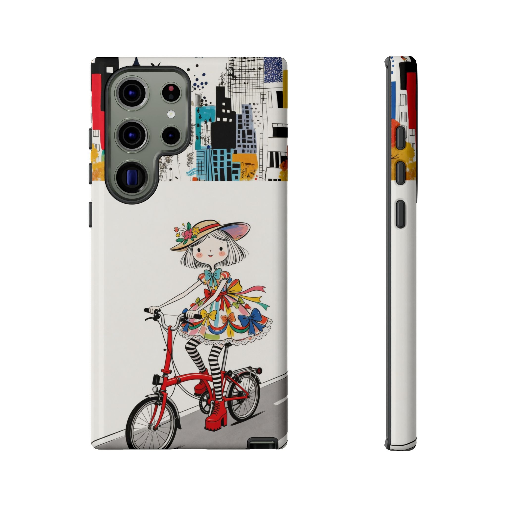 Whimsical Girl on Brompton Bicycle Urban Illustration Samsung Galaxy Phone Case