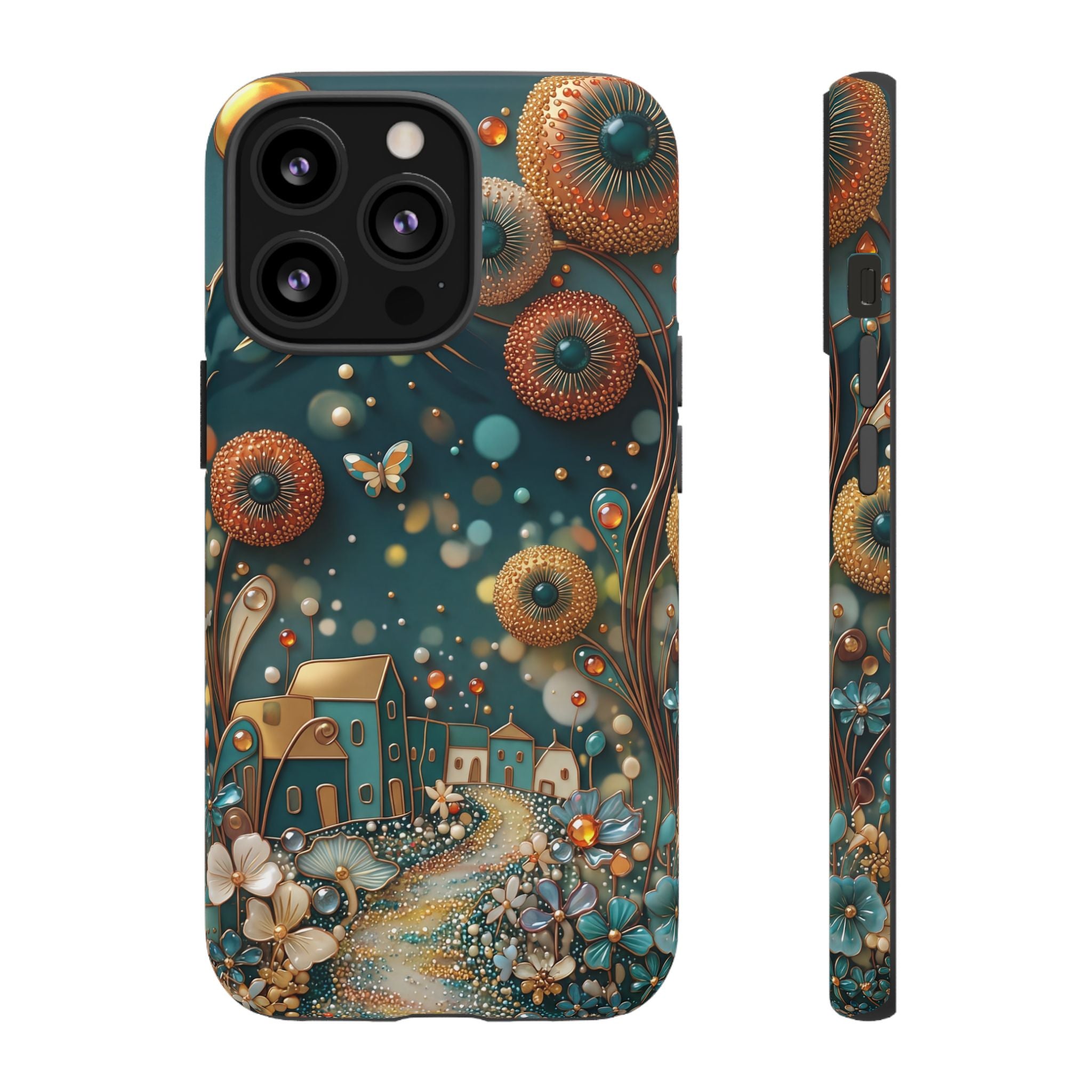Whimsical Night Village iPhone Case | Floral Moonlit Art Tough Case