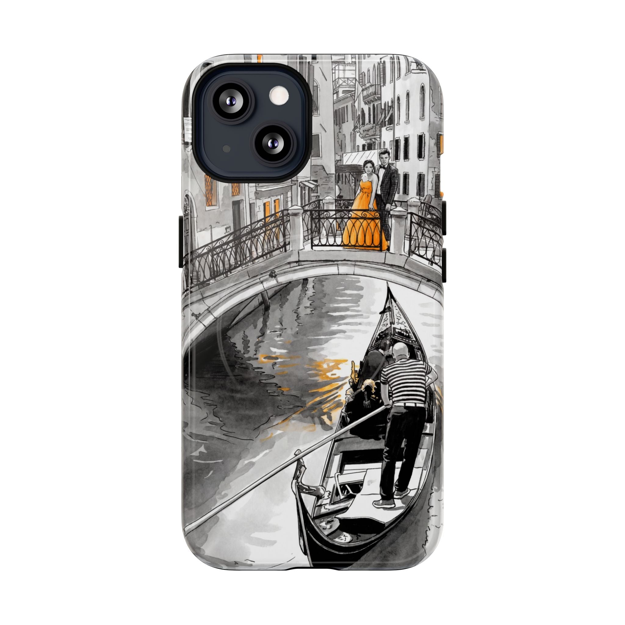 Custodia per iPhone Gondola di Venezia | Custodia MagSafe resistente con motivo schizzo in bianco e nero e dettagli dorati